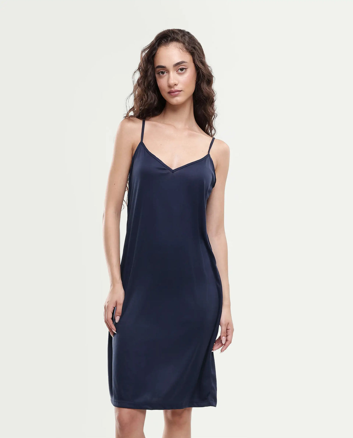 Rareism Women's Ronpen Navy Cotton Spread Collar Plain Midi Straight Fit Dress