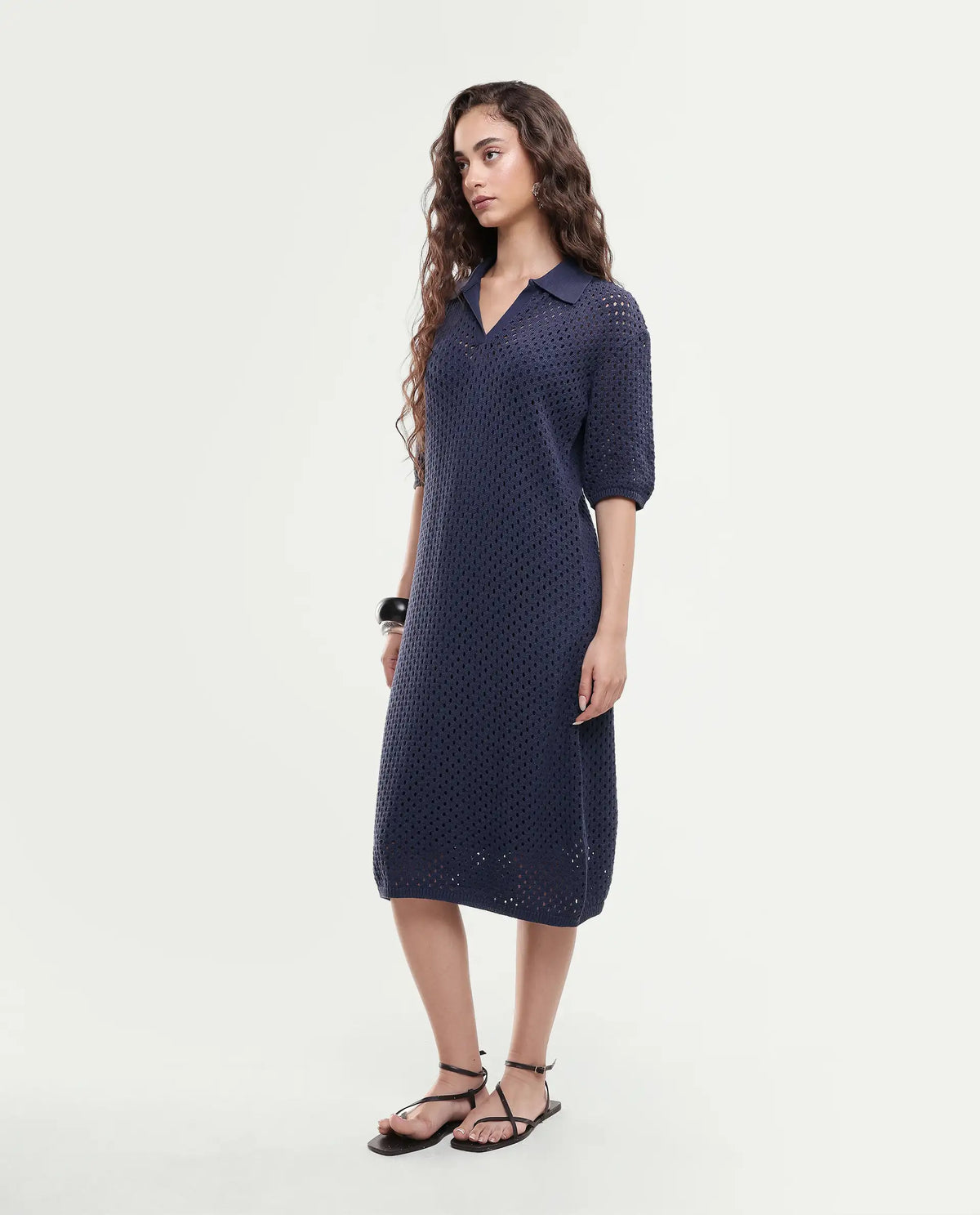 Rareism Women's Ronpen Navy Cotton Spread Collar Plain Midi Straight Fit Dress