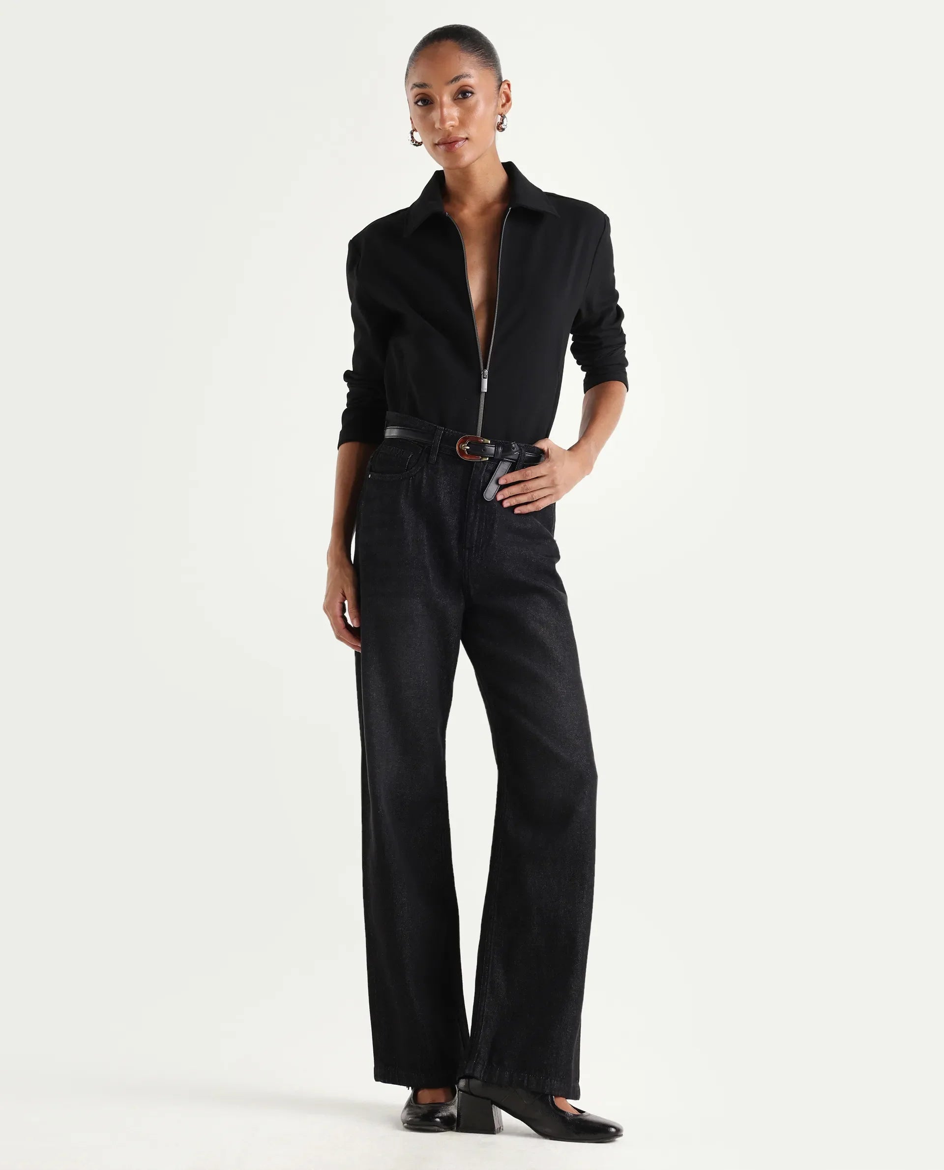 Rareism Women's Dency Black Cotton Straight Plain Jeans
