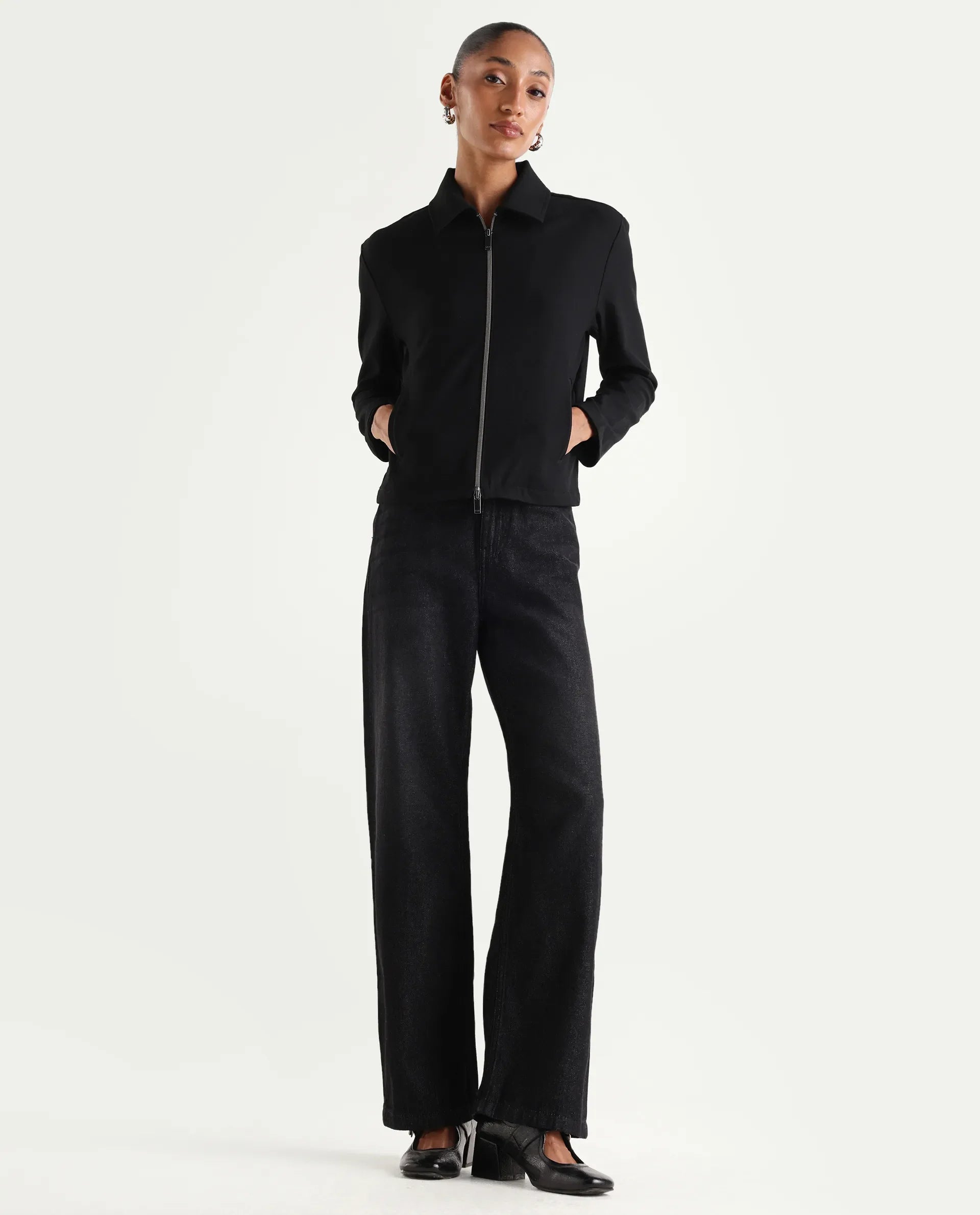 Rareism Women's Dency Black Cotton Straight Plain Jeans