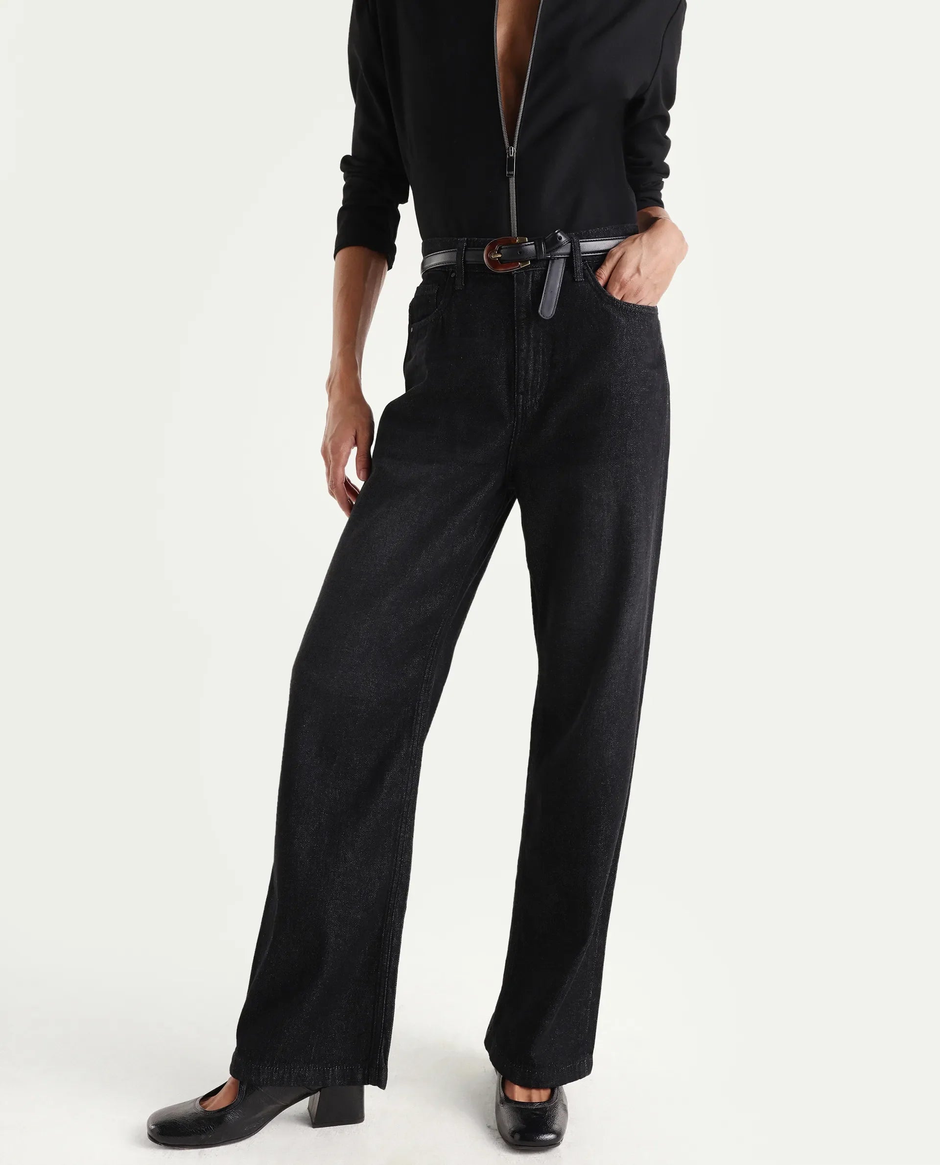 Rareism Women's Dency Black Cotton Straight Plain Jeans