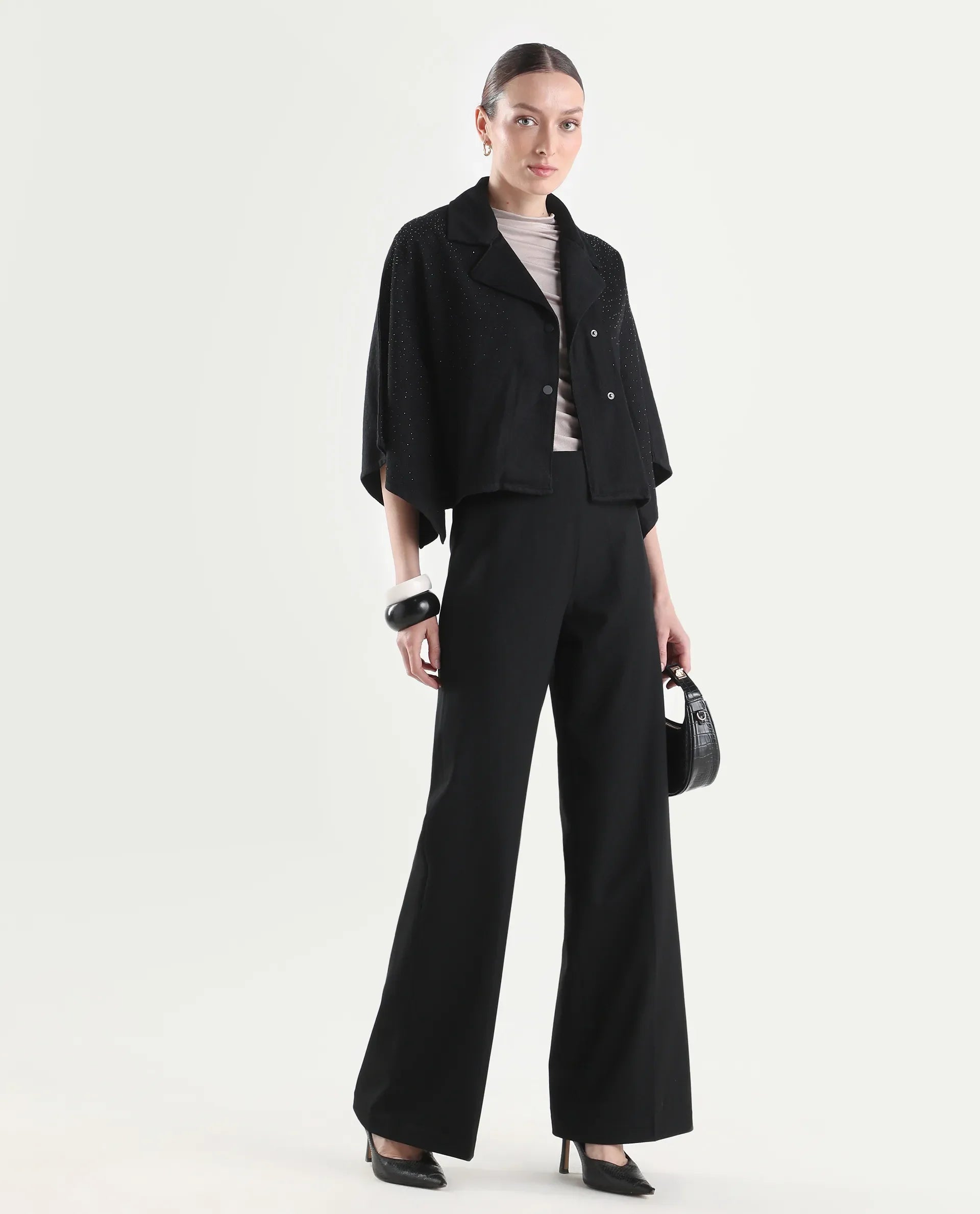 Rareism Women's Denmar Dark Blue Cotton Spread Collar Regular Plain Jacket