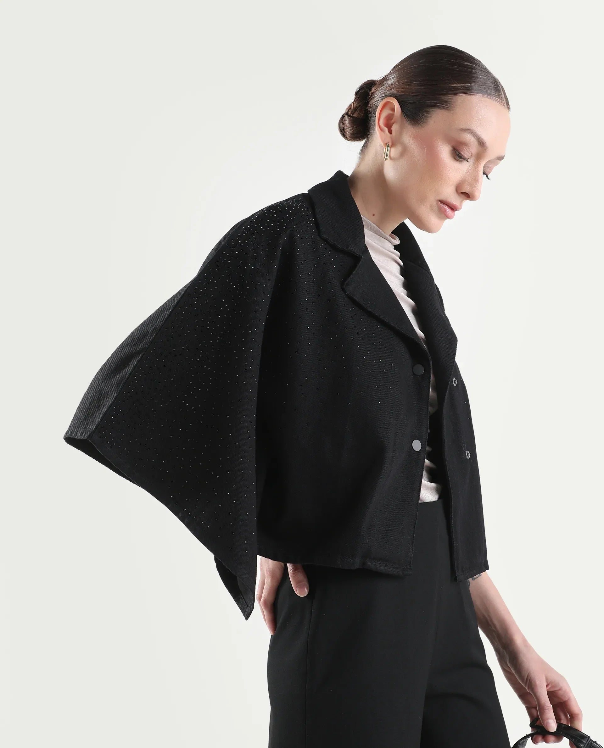 Rareism Women's Denmar Dark Blue Cotton Spread Collar Regular Plain Jacket