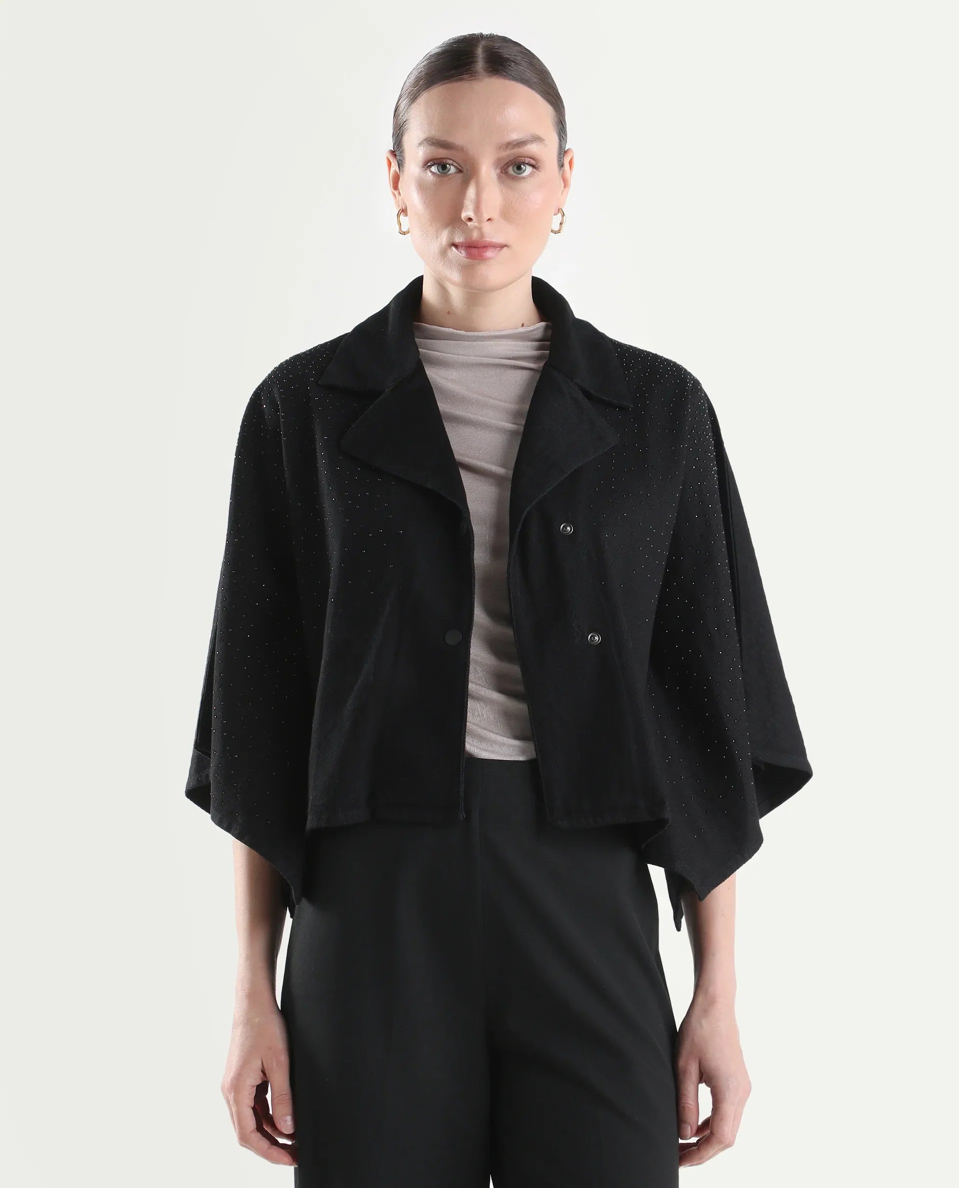 Rareism Women's Denmar Dark Blue Cotton Spread Collar Regular Plain Jacket