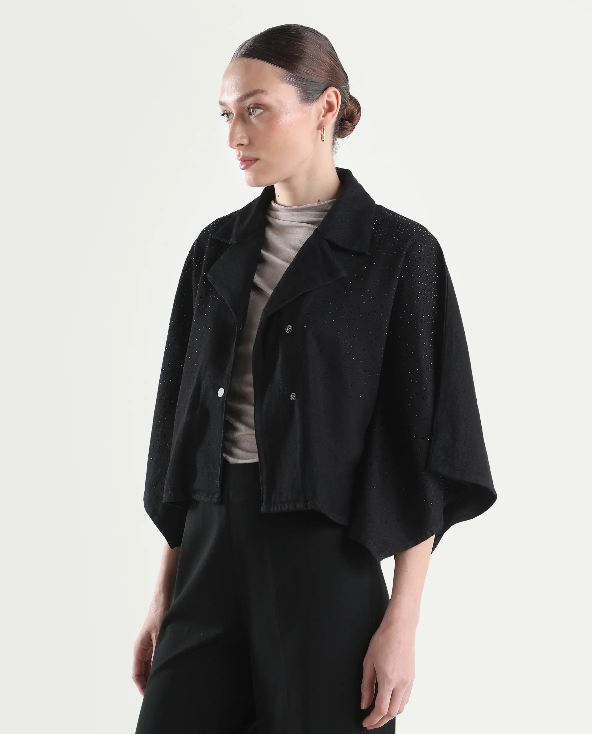 Rareism Women's Denmar Dark Blue Cotton Spread Collar Regular Plain Jacket