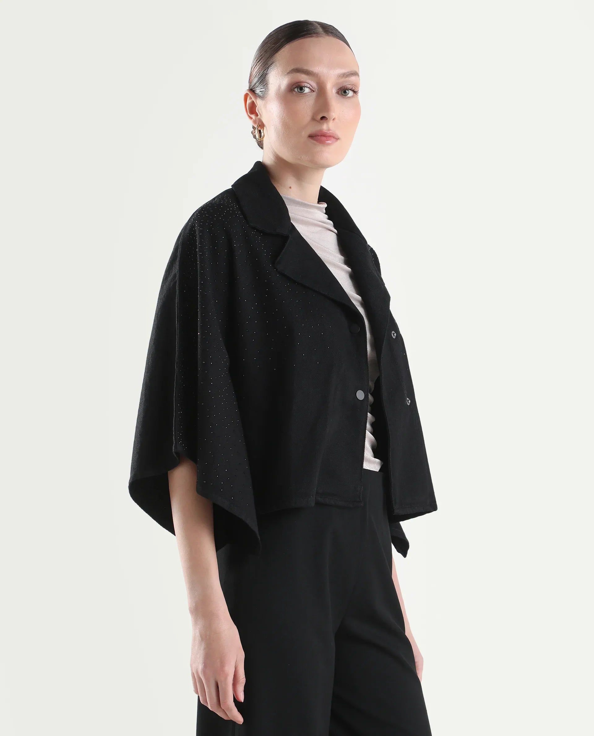 Rareism Women's Denmar Dark Blue Cotton Spread Collar Regular Plain Jacket