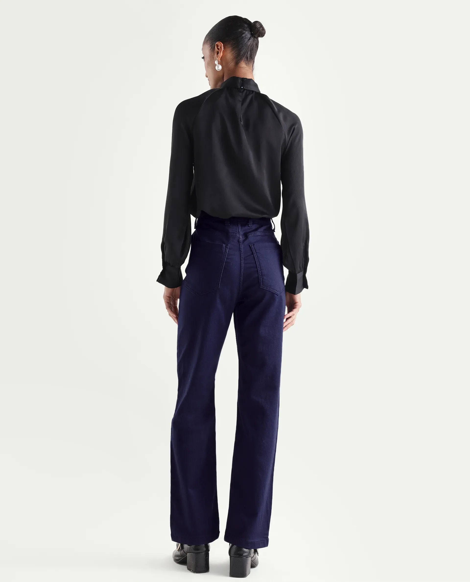 Rareism Women's Denly Navy Cotton Blend Straight Plain Jeans