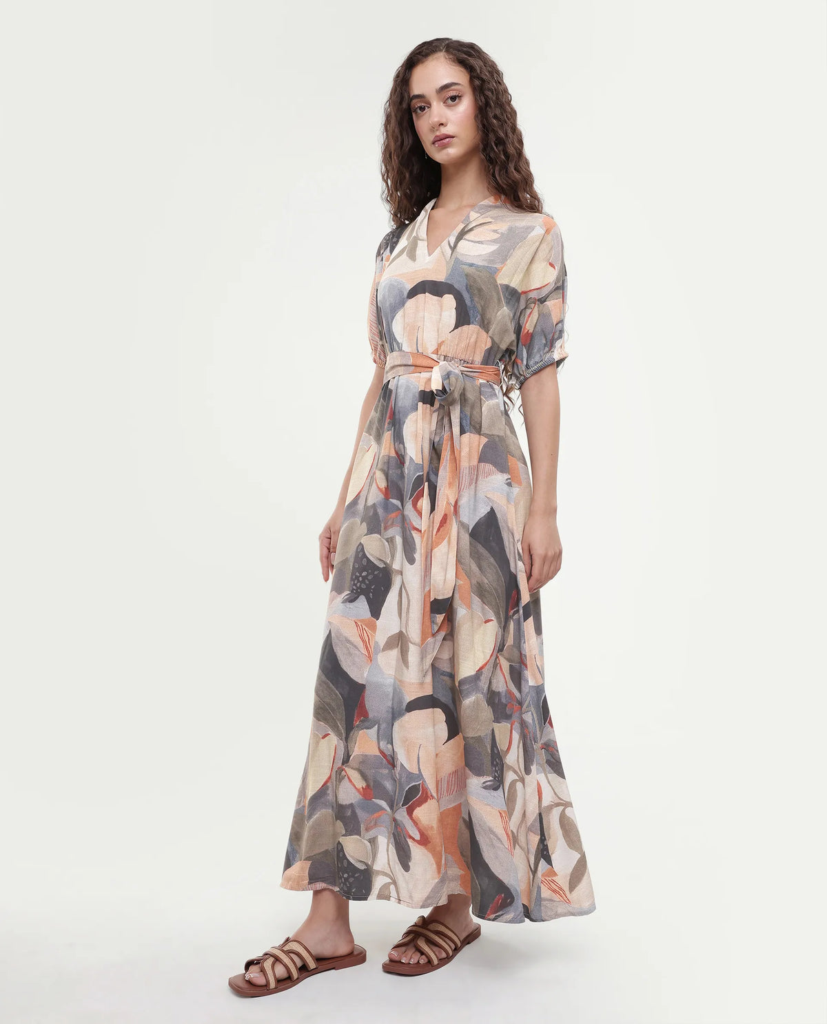 Rareism Women's Arnai Multi Viscose V-Neck A-Line Abstract Print Dress