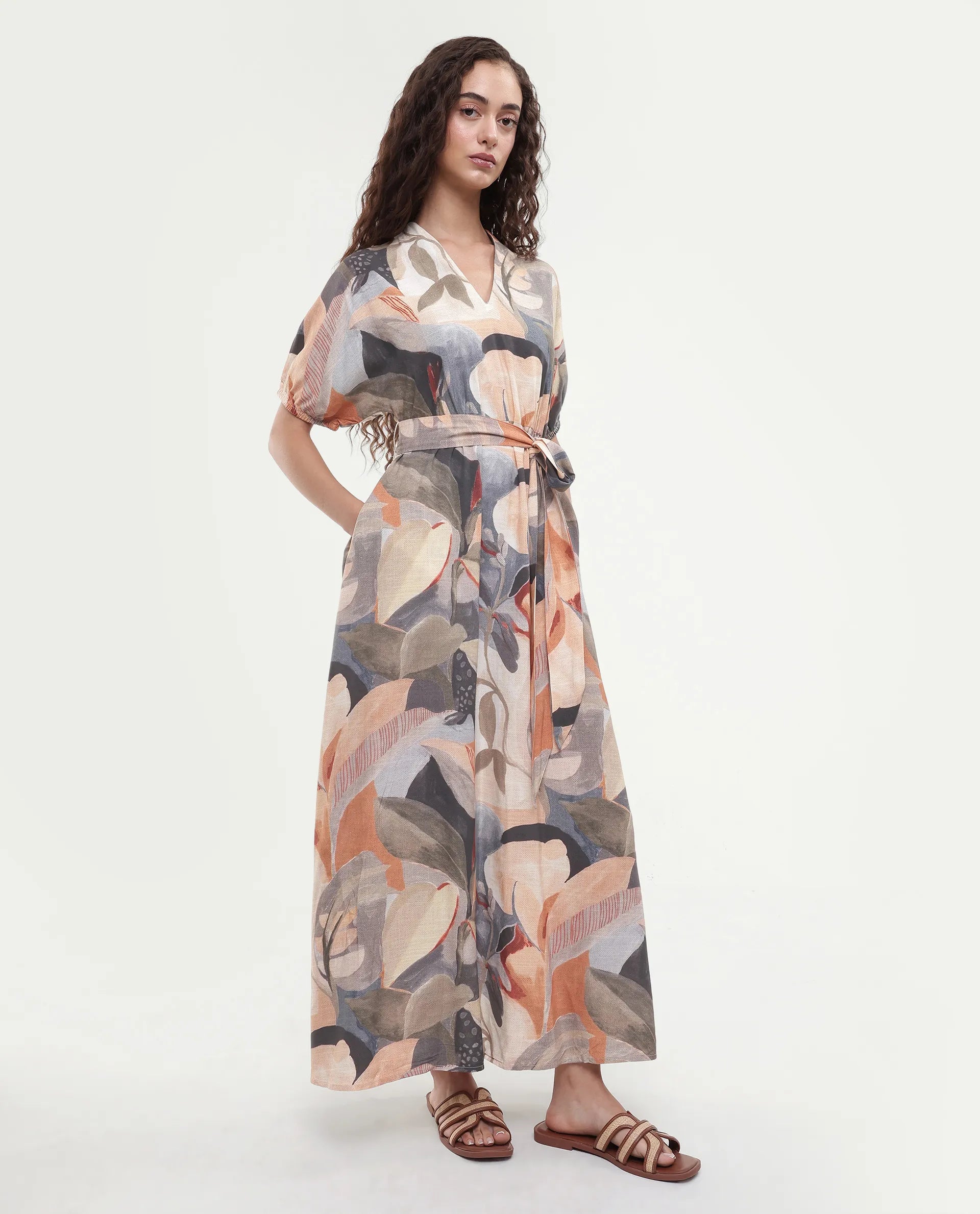 Rareism Women's Arnai Multi Viscose V-Neck A-Line Abstract Print Dress