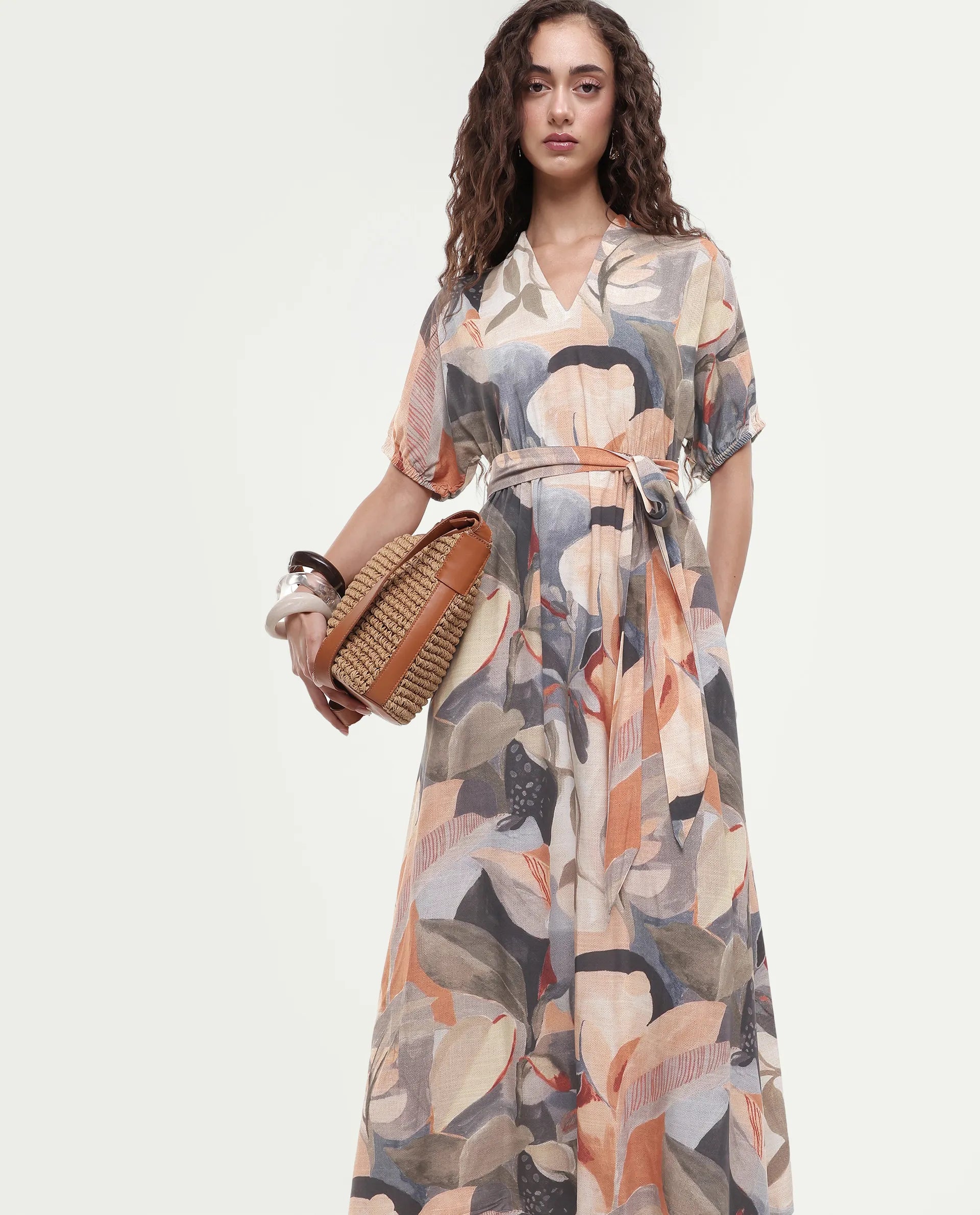Rareism Women's Arnai Multi Viscose V-Neck A-Line Abstract Print Dress