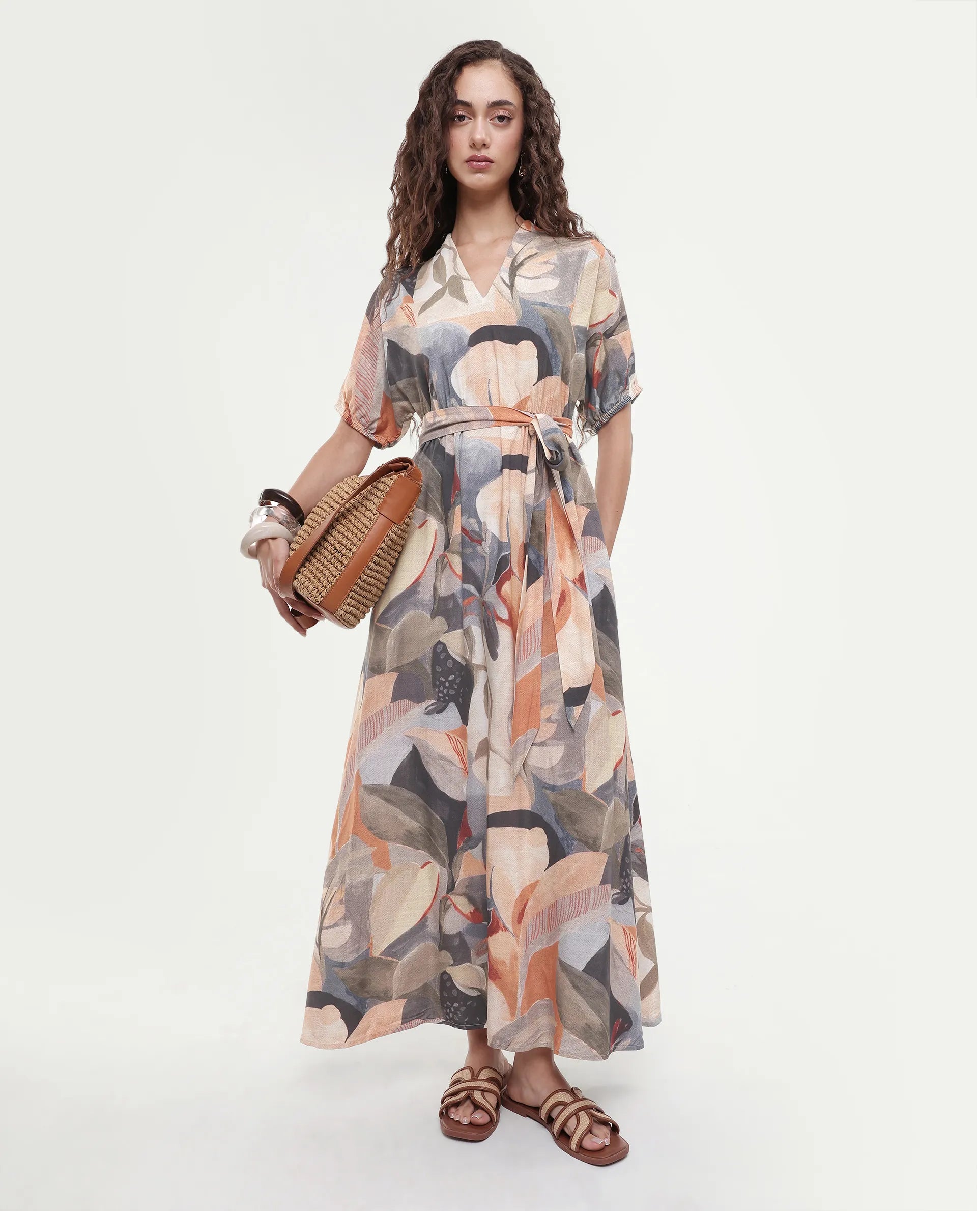 Rareism Women's Arnai Multi Viscose V-Neck A-Line Abstract Print Dress