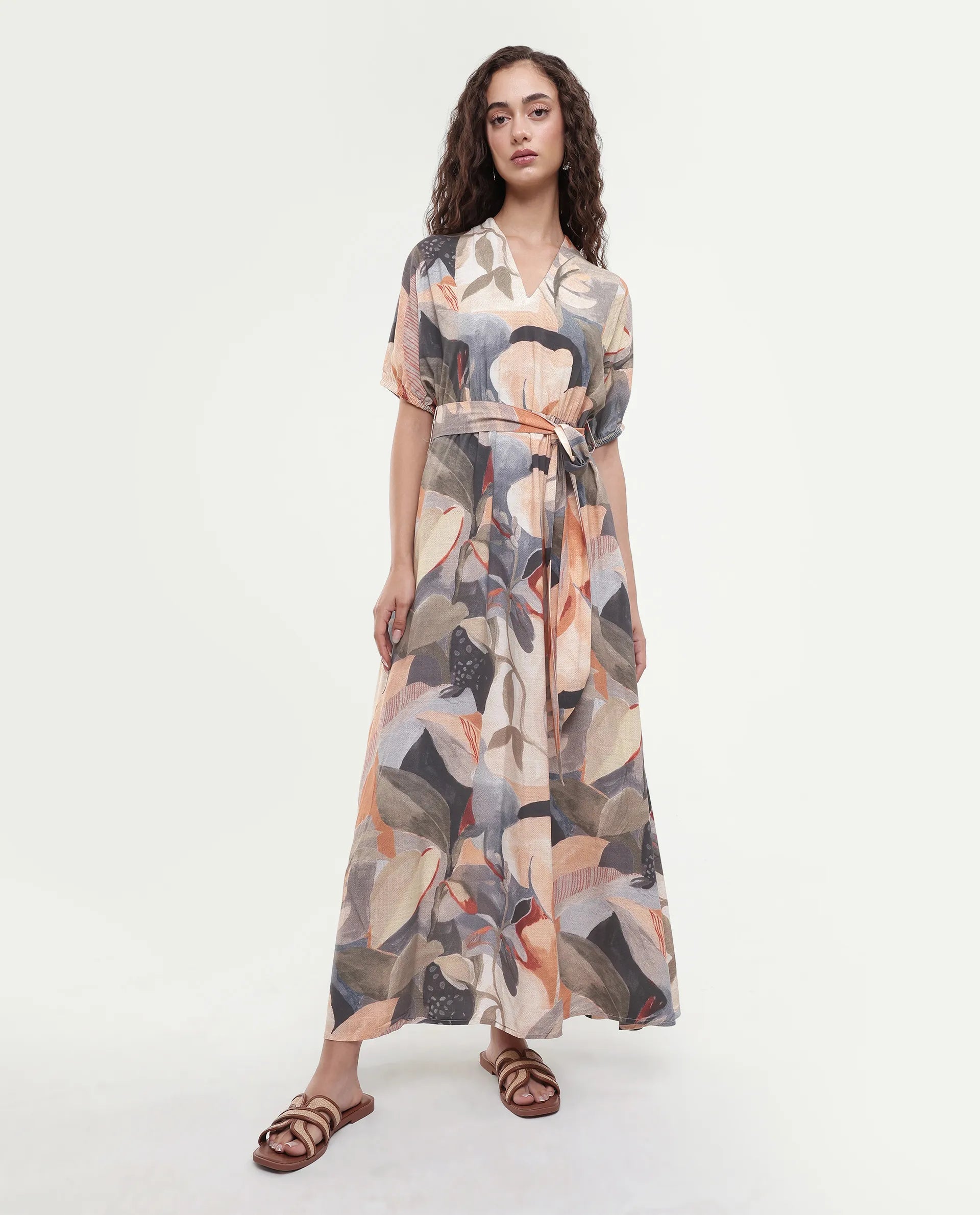 Rareism Women's Arnai Multi Viscose V-Neck A-Line Abstract Print Dress