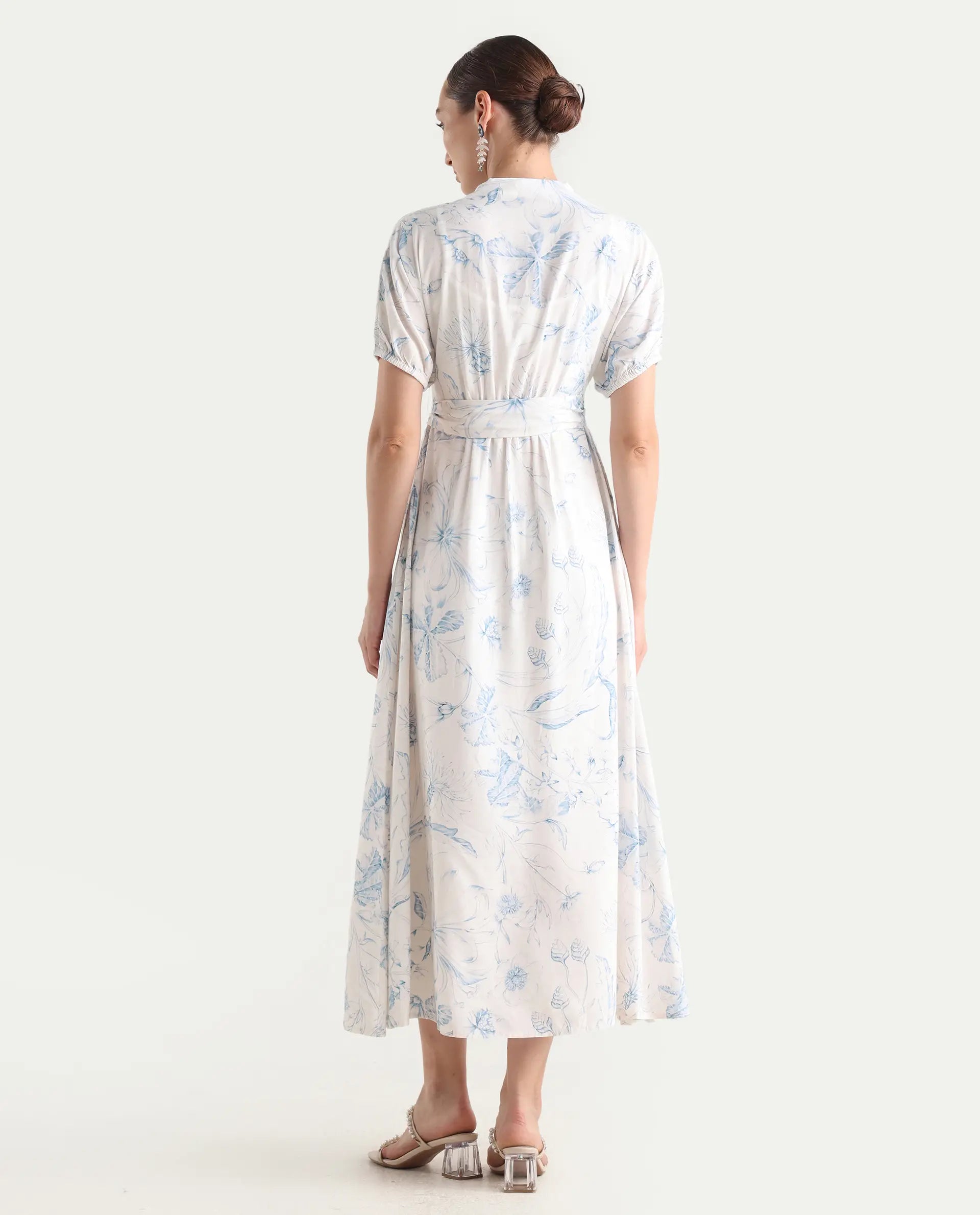 Rareism Women's Arna White Viscose V-Neck A-Line Floral Print Dress