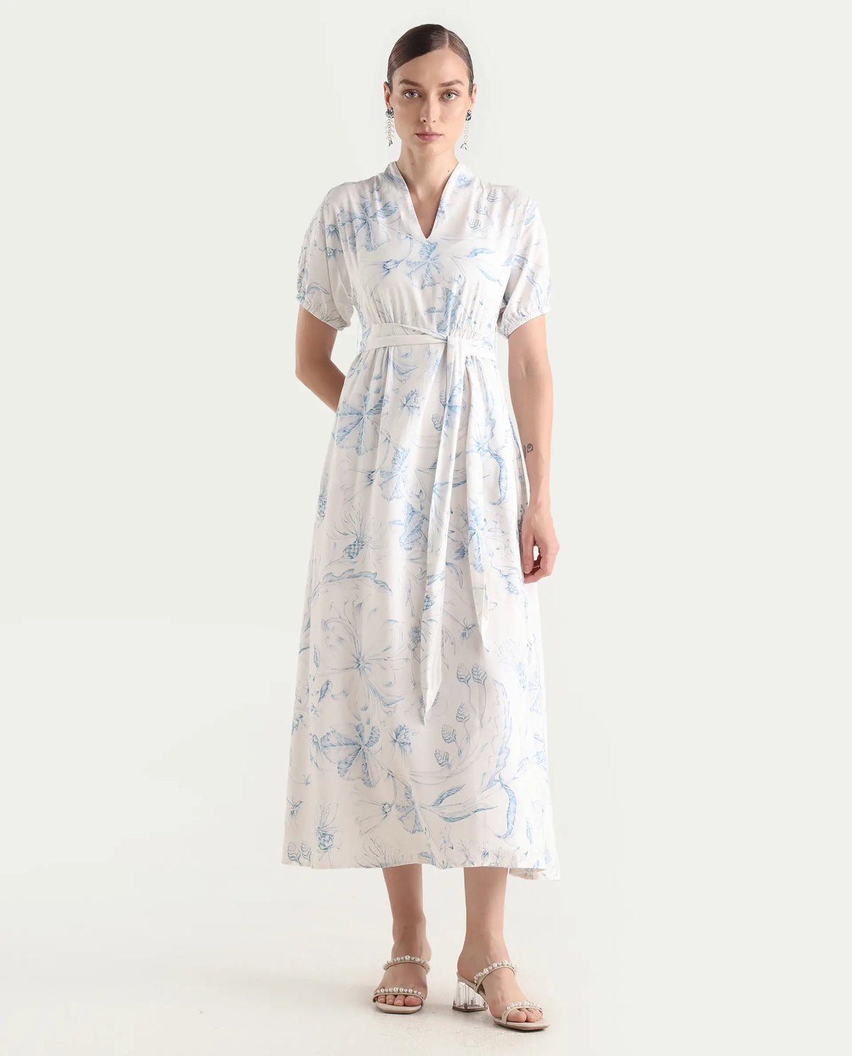 Rareism Women's Arna White Viscose V-Neck A-Line Floral Print Dress