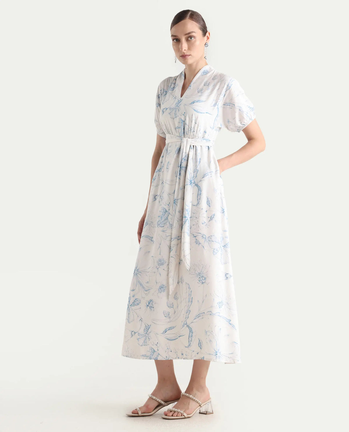 Rareism Women's Arna White Viscose V-Neck A-Line Floral Print Dress