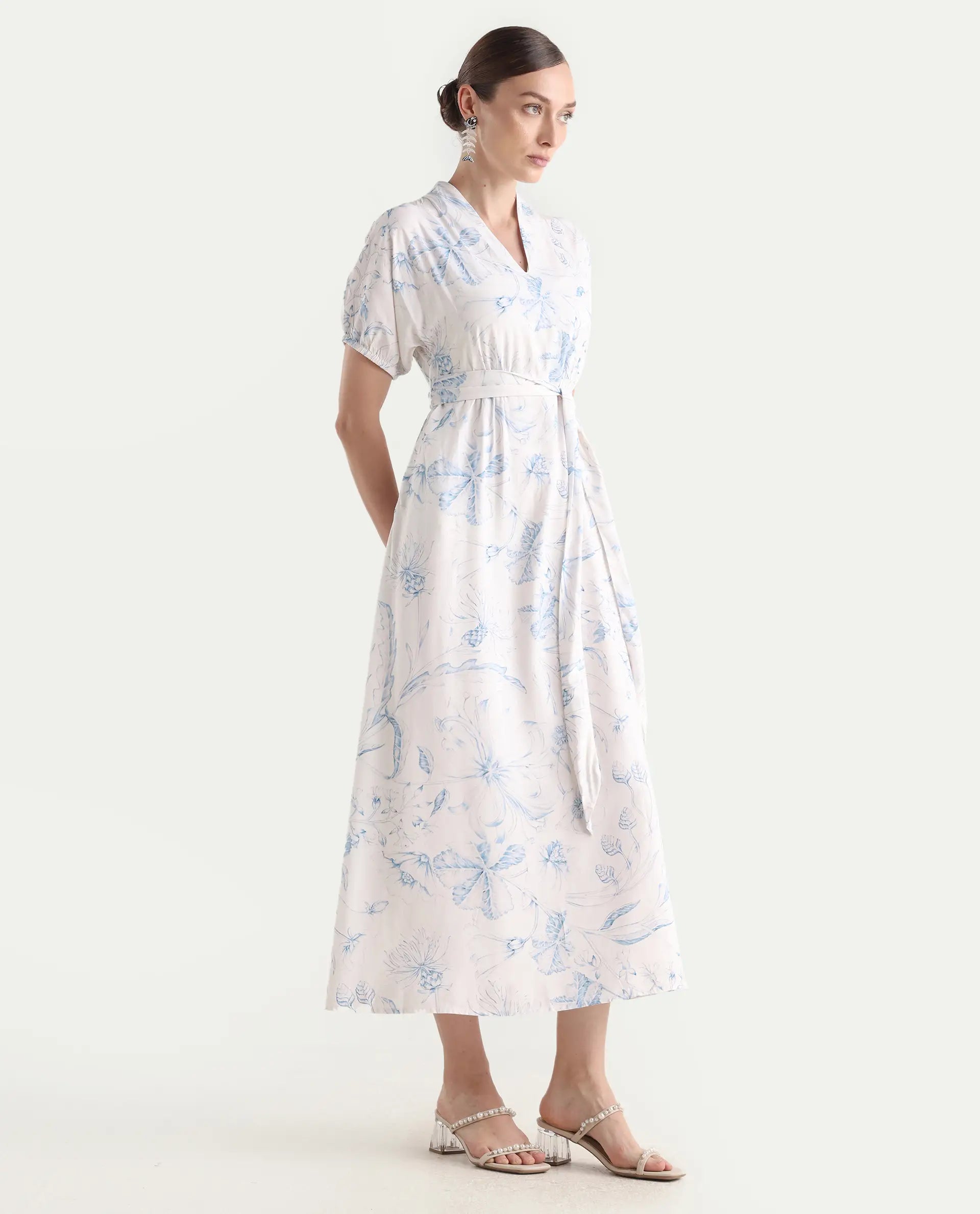 Rareism Women's Arna White Viscose V-Neck A-Line Floral Print Dress