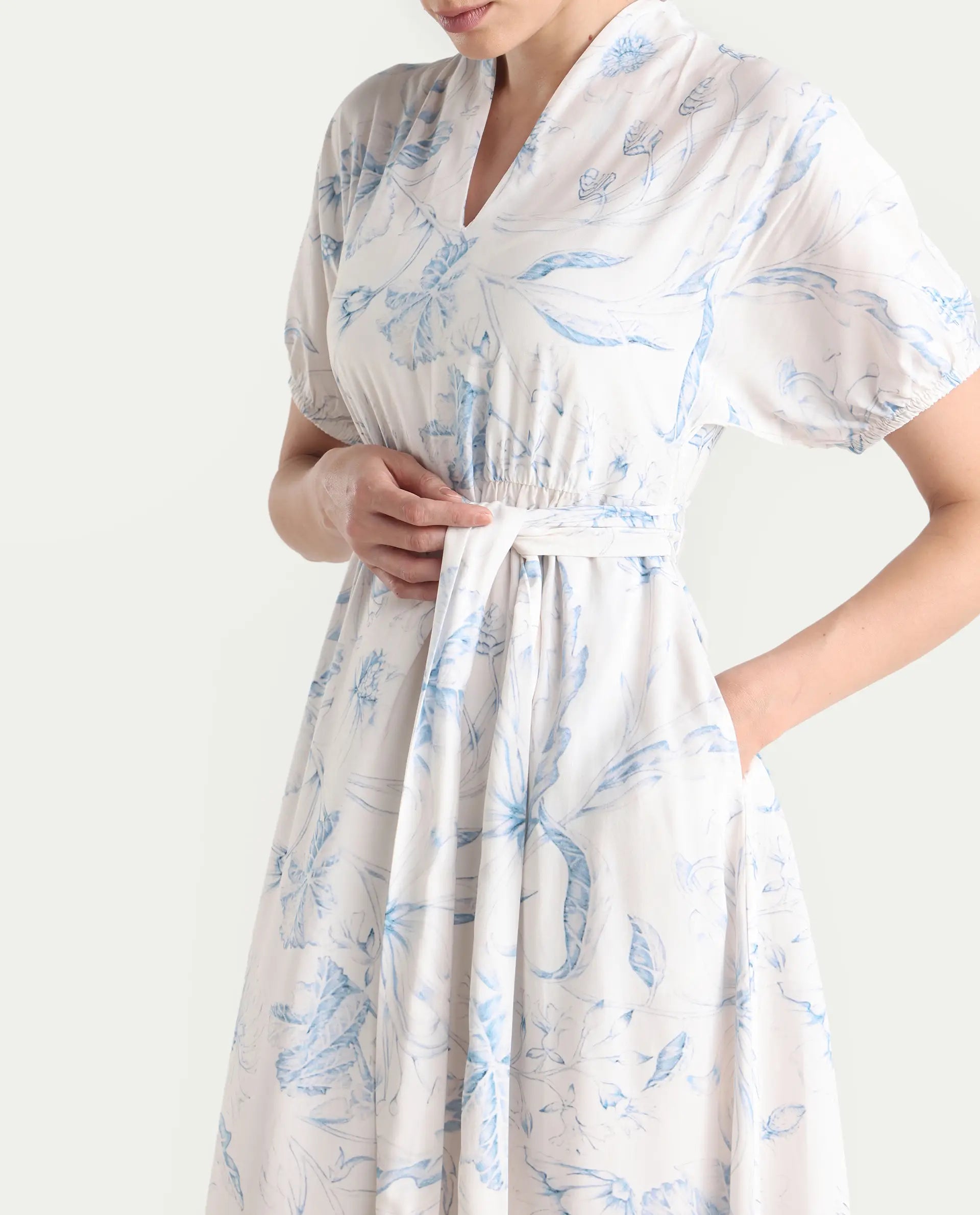 Rareism Women's Arna White Viscose V-Neck A-Line Floral Print Dress