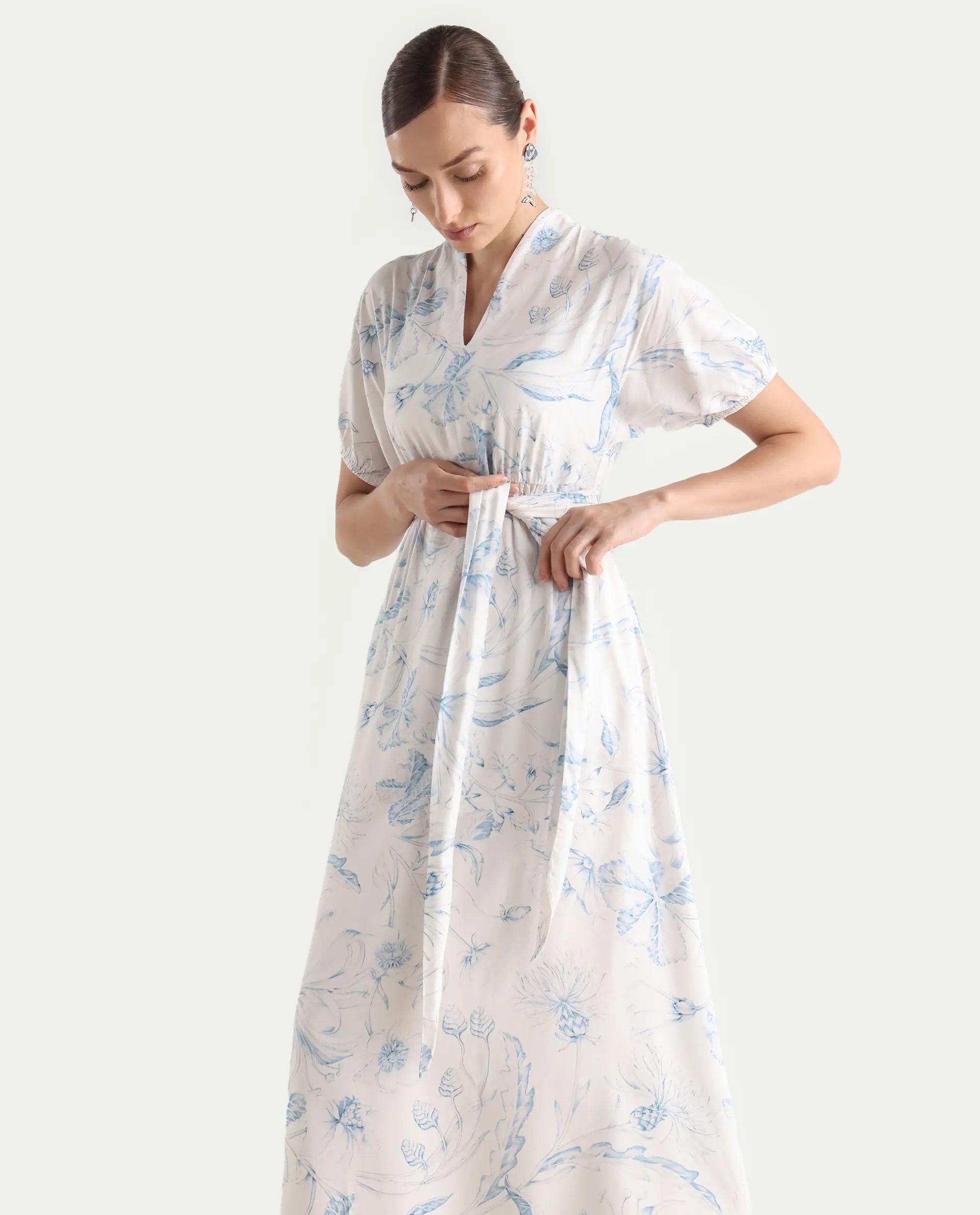 Rareism Women's Arna White Viscose V-Neck A-Line Floral Print Dress