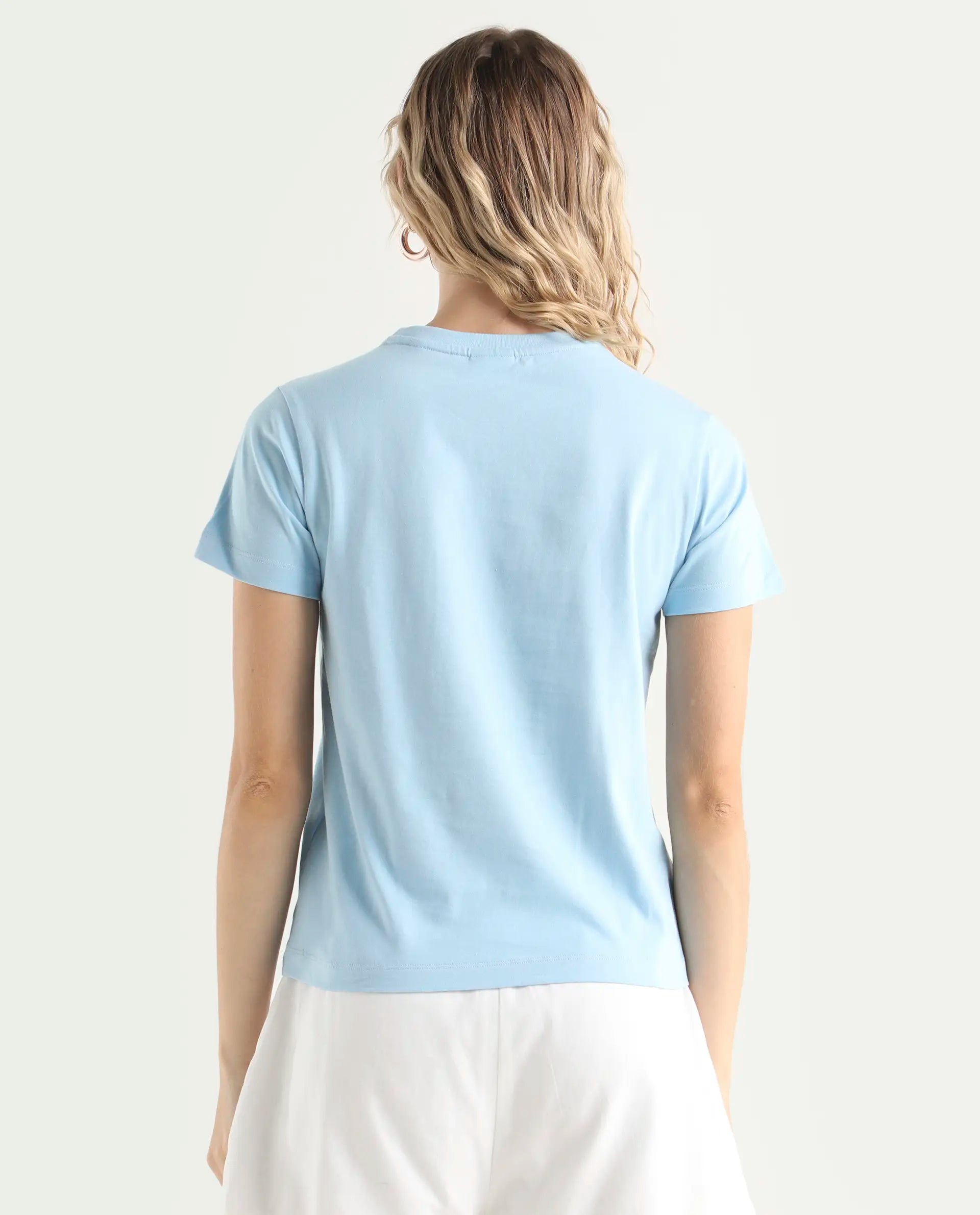 Rareism Women's Bhax Light Blue Cotton Crew Neck Typography Print Regular Fit T-Shirt