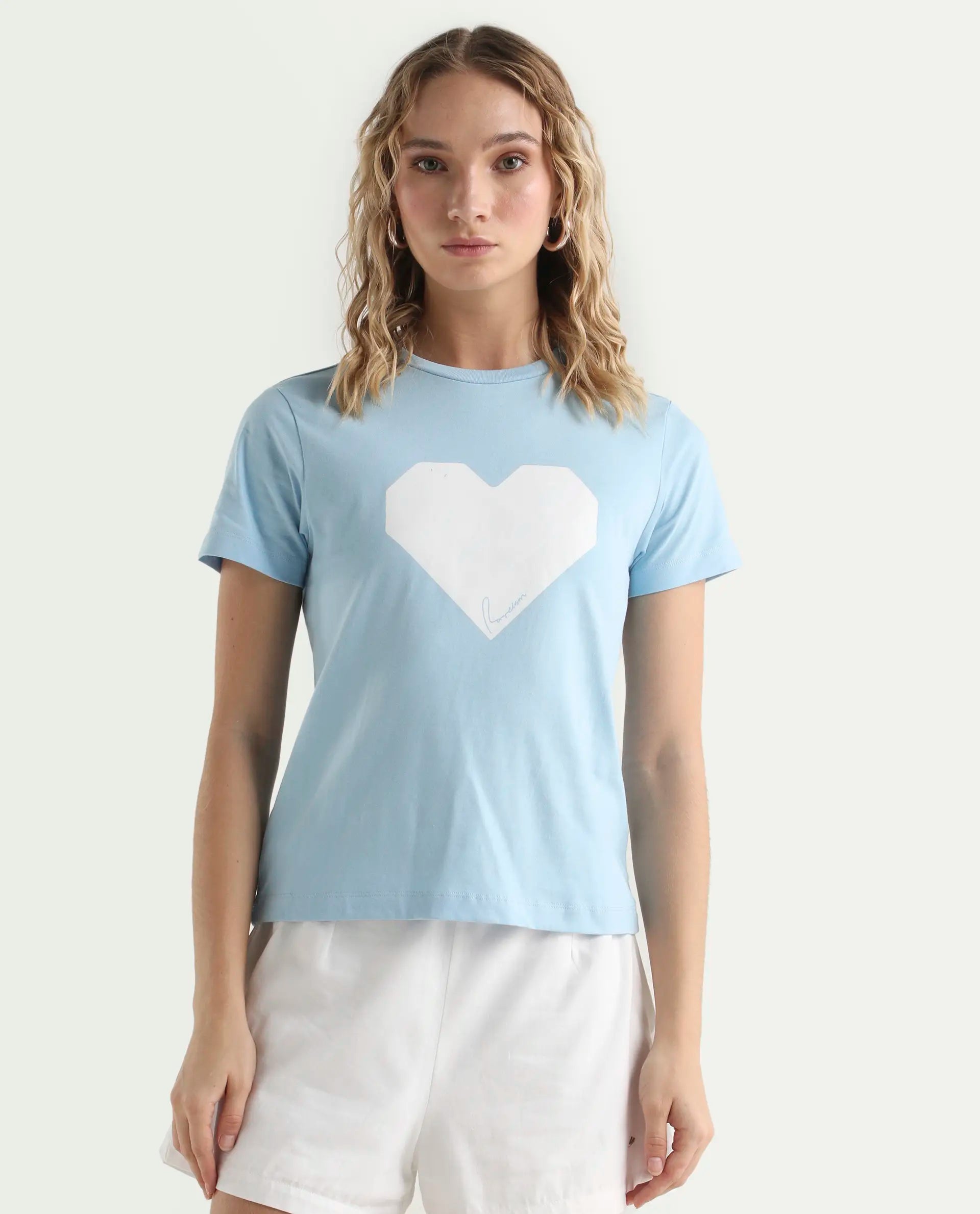 Rareism Women's Bhax Light Blue Cotton Crew Neck Typography Print Regular Fit T-Shirt