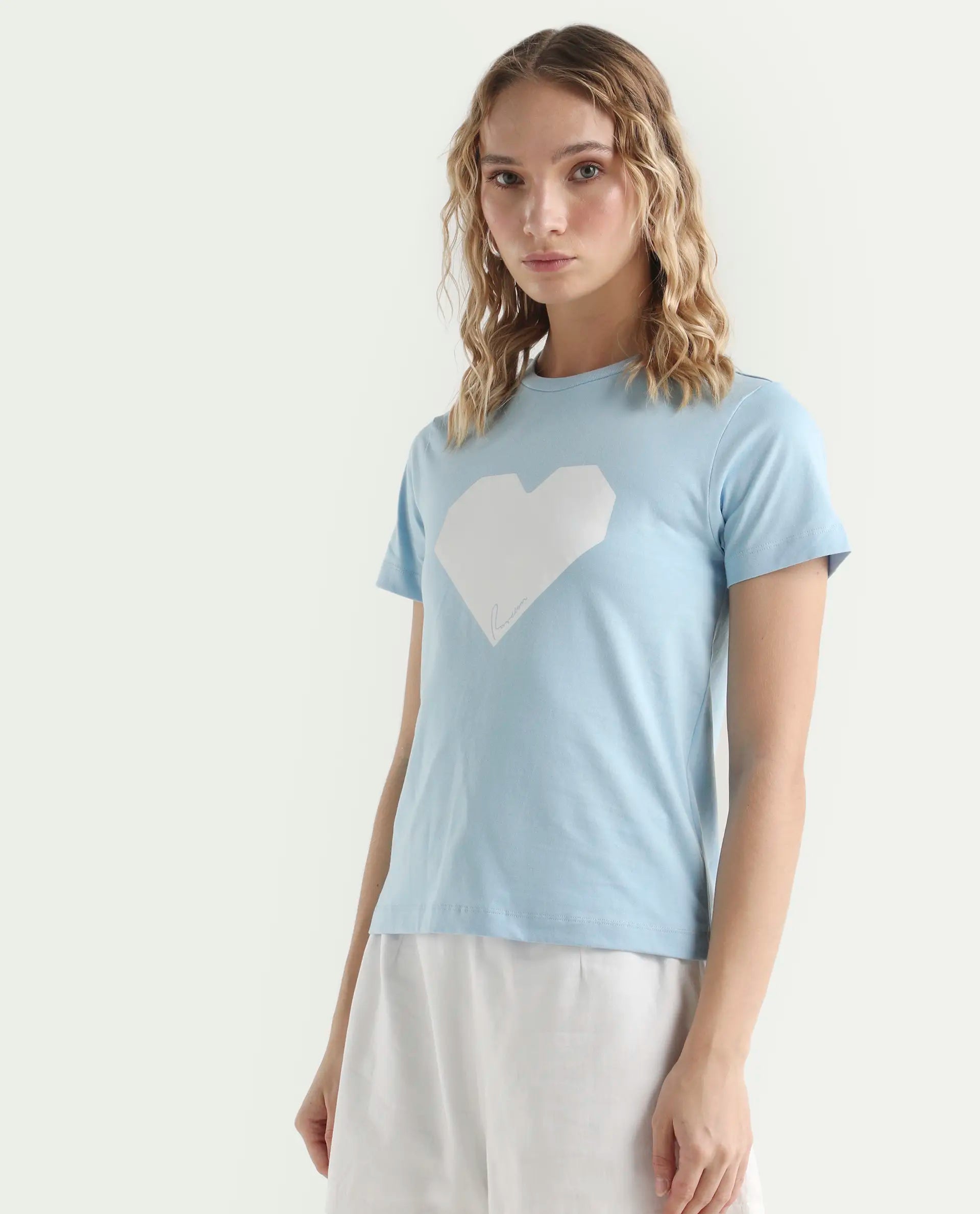 Rareism Women's Bhax Light Blue Cotton Crew Neck Typography Print Regular Fit T-Shirt