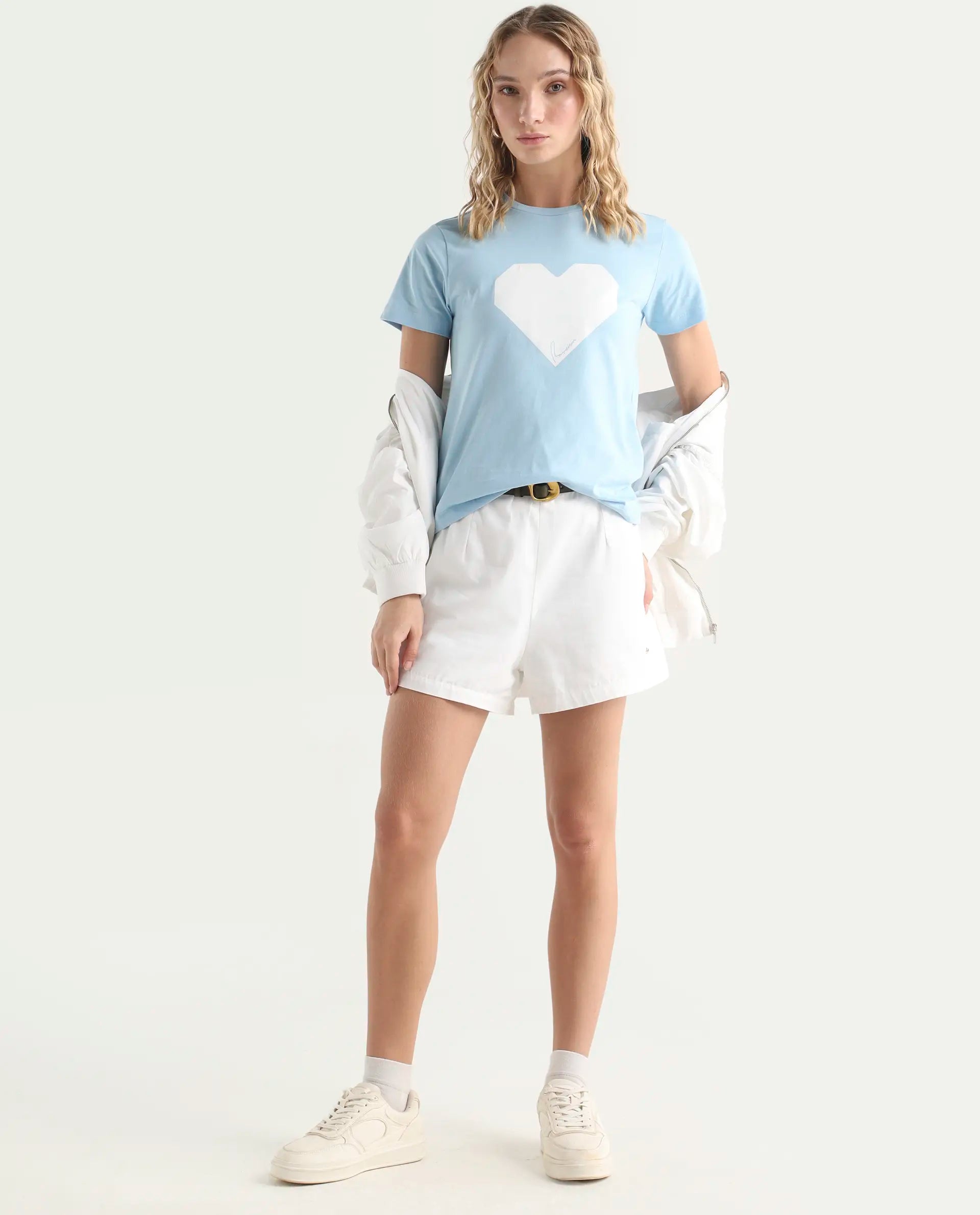Rareism Women's Bhax Light Blue Cotton Crew Neck Typography Print Regular Fit T-Shirt