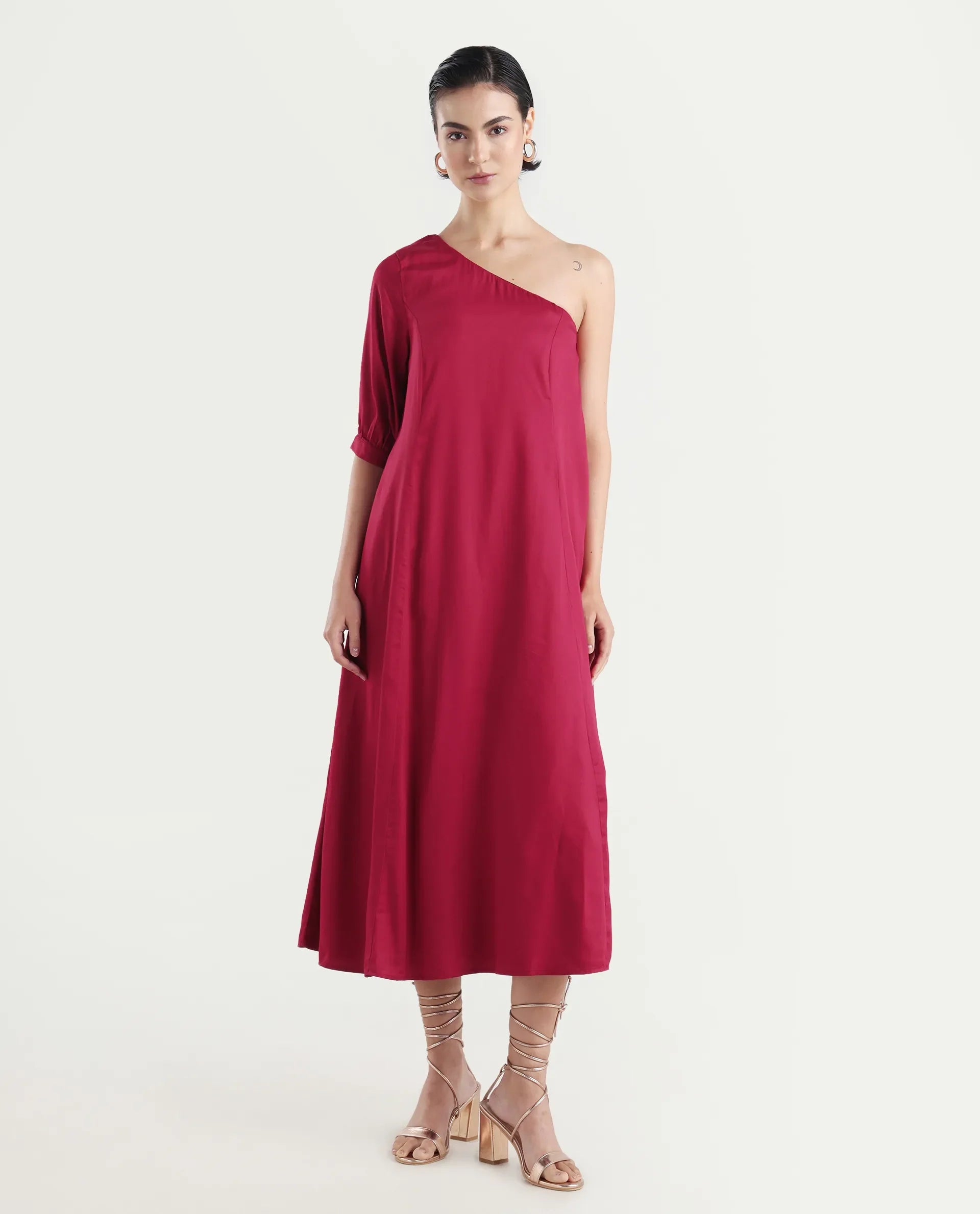 Rareism Women's Somalia Red Viscose One Shoulder Plain One Shoulder Maxi A-Line Dress