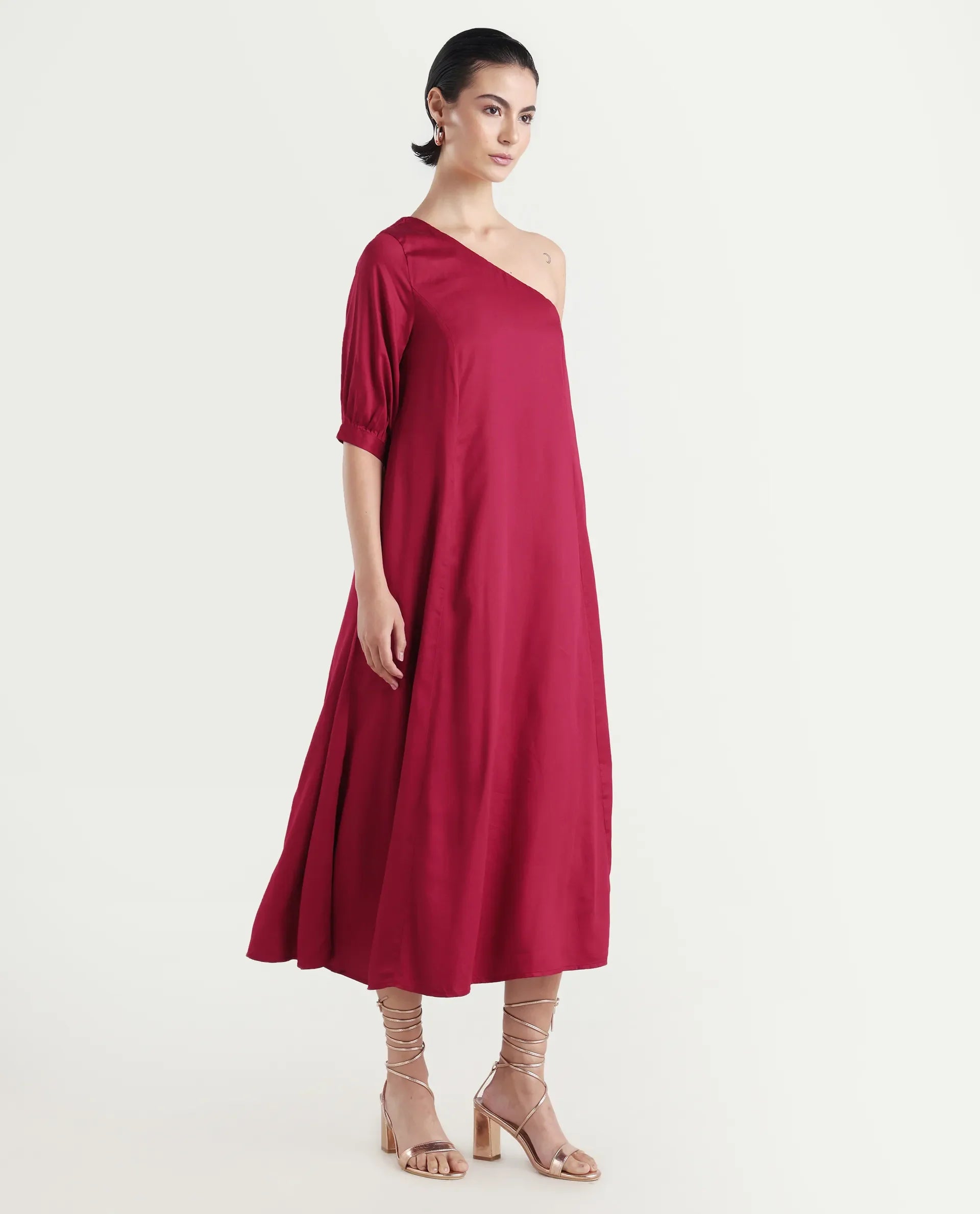 Rareism Women's Somalia Red Viscose One Shoulder Plain One Shoulder Maxi A-Line Dress