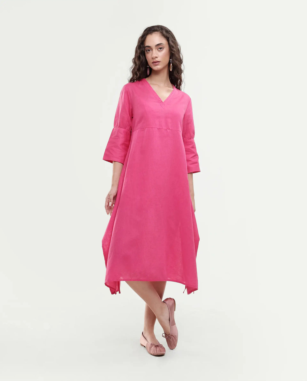 Rareism Women's Somyer Pink Cotton Blend V-Neck Plain Midi Flared Dress