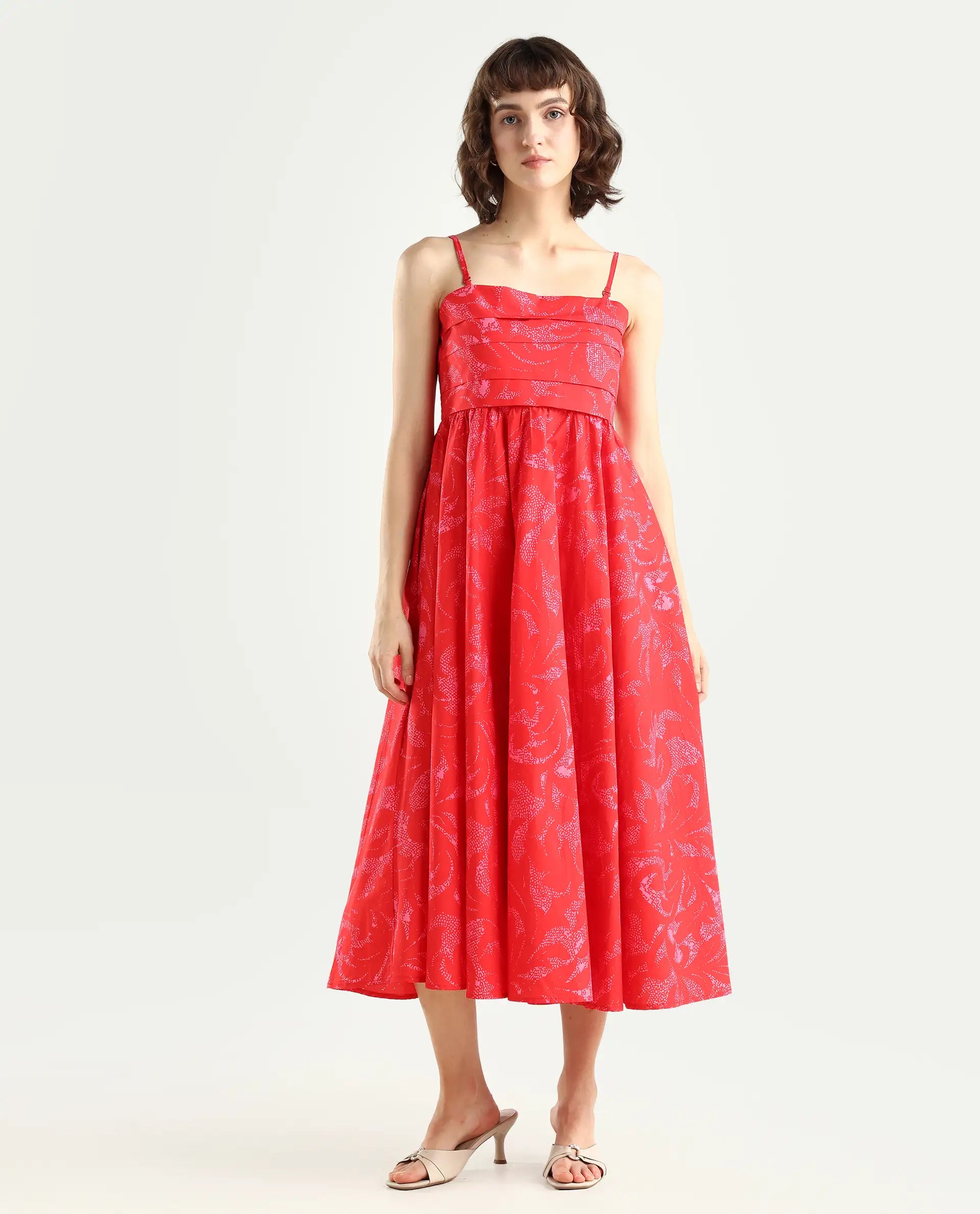 Rareism Women's Somkir Red Cotton Tube Neck Abstract Print Sleeveless Midi Fit And Flare Dress