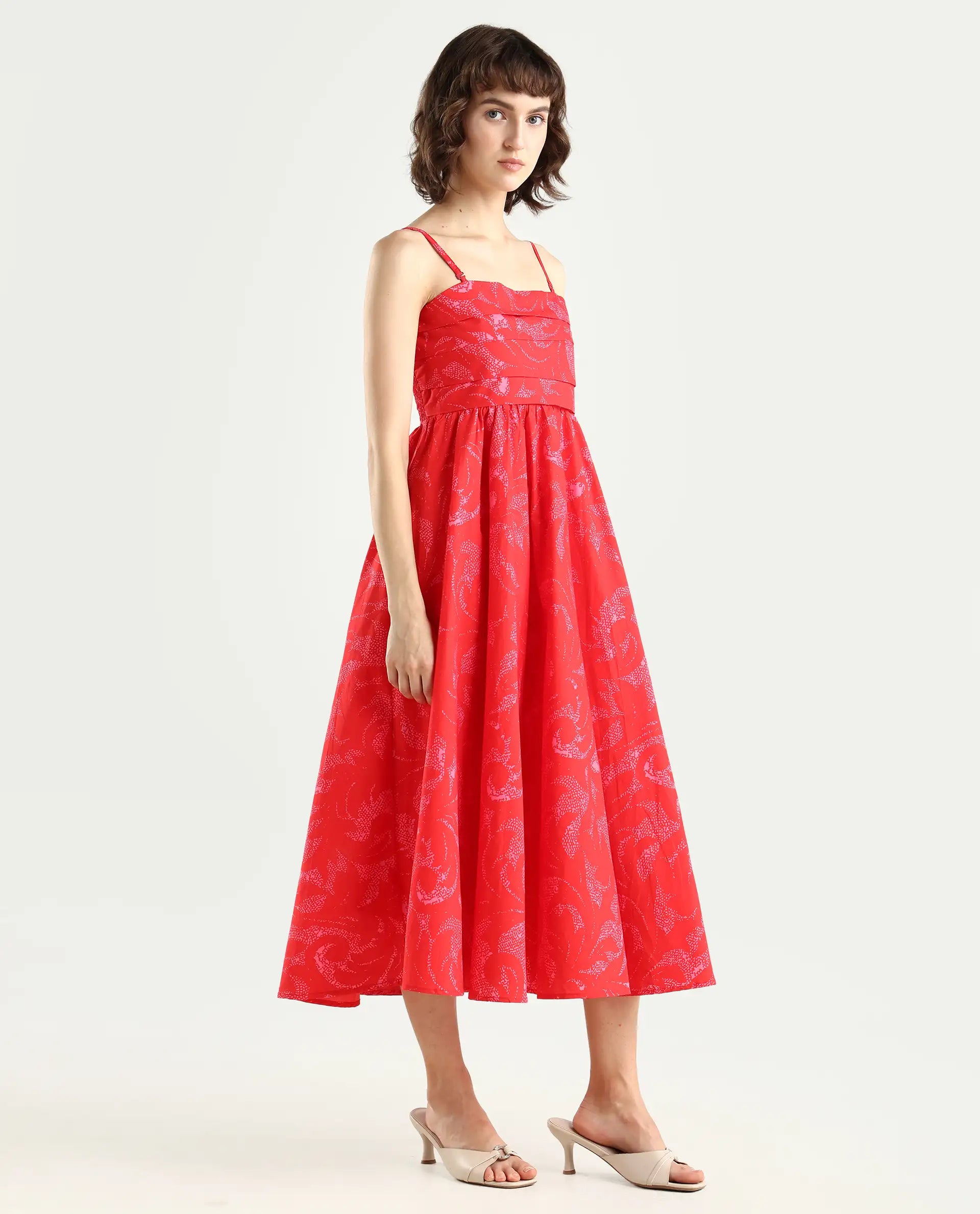 Rareism Women's Somkir Red Cotton Tube Neck Abstract Print Sleeveless Midi Fit And Flare Dress
