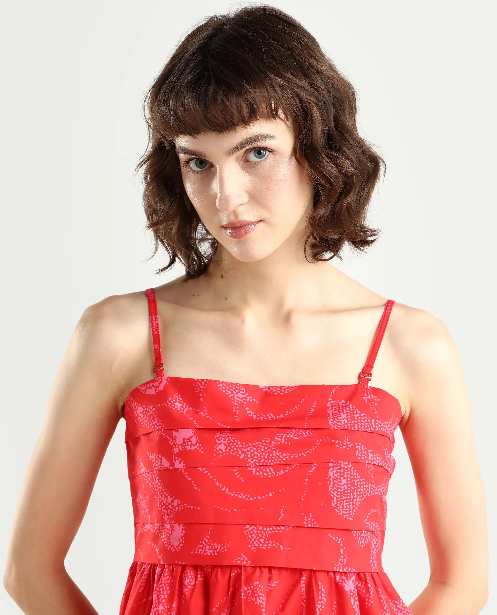 Rareism Women's Somkir Red Cotton Tube Neck Abstract Print Sleeveless Midi Fit And Flare Dress
