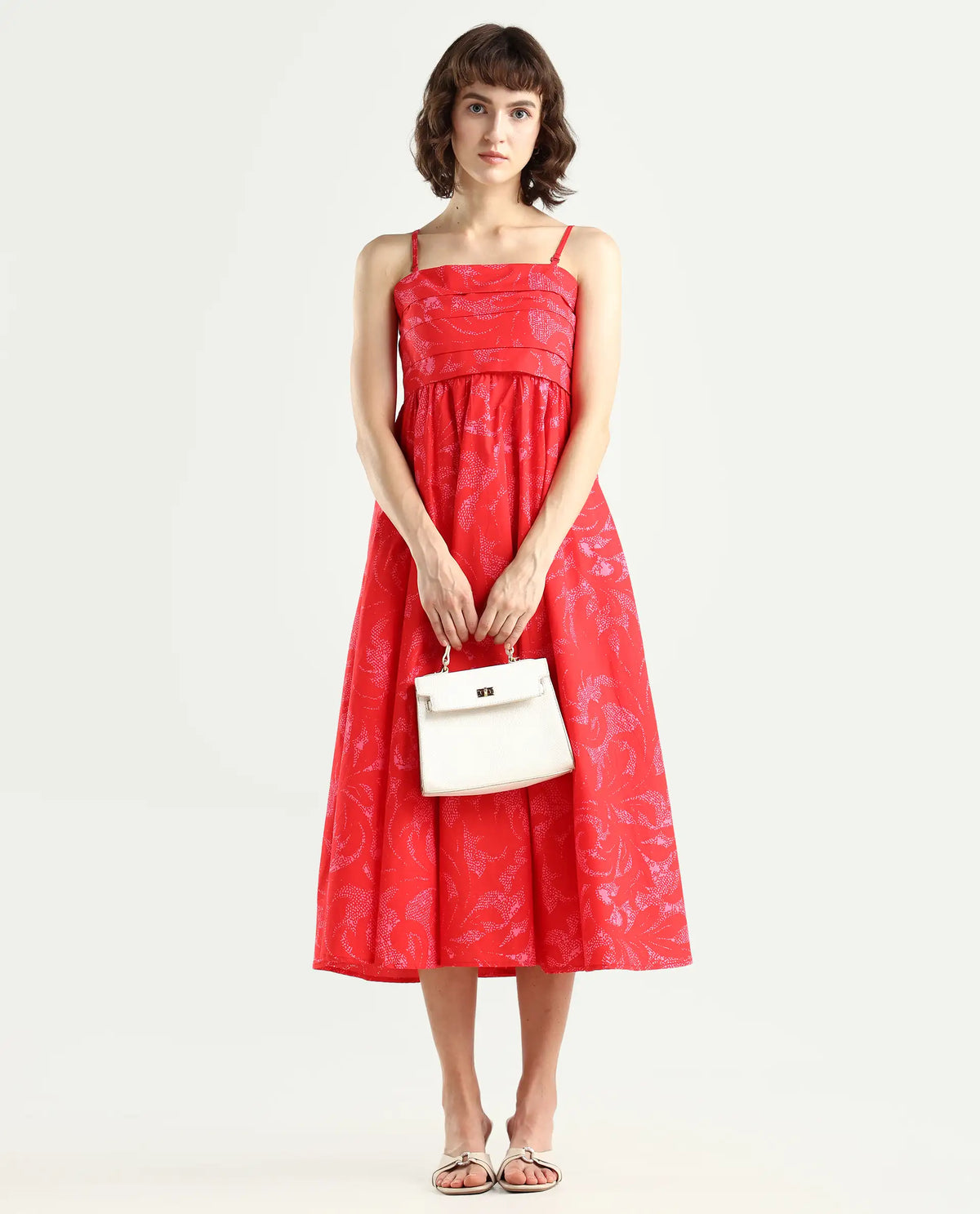 Rareism Women's Somkir Red Cotton Tube Neck Abstract Print Sleeveless Midi Fit And Flare Dress