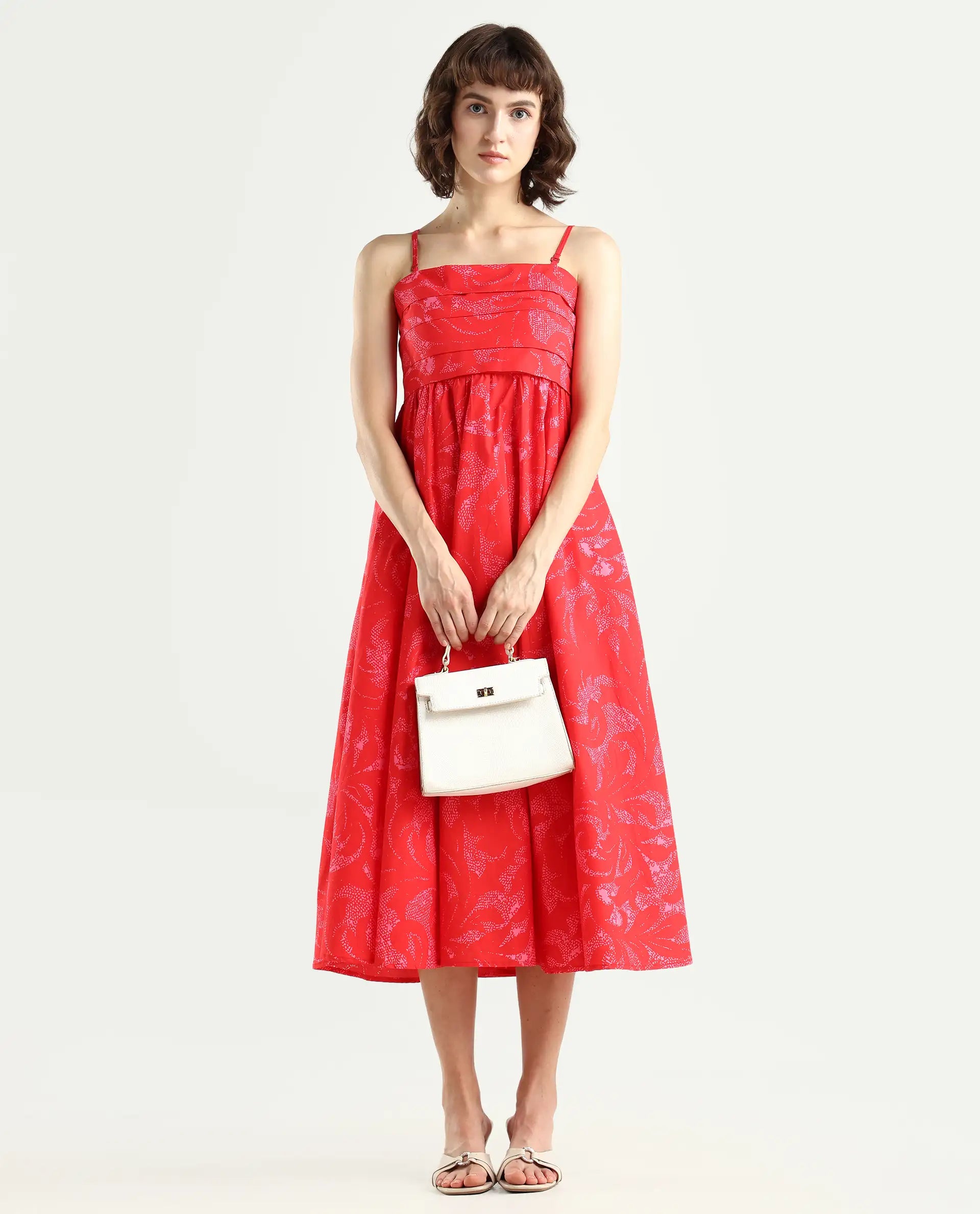 Rareism Women's Somkir Red Cotton Tube Neck Abstract Print Sleeveless Midi Fit And Flare Dress