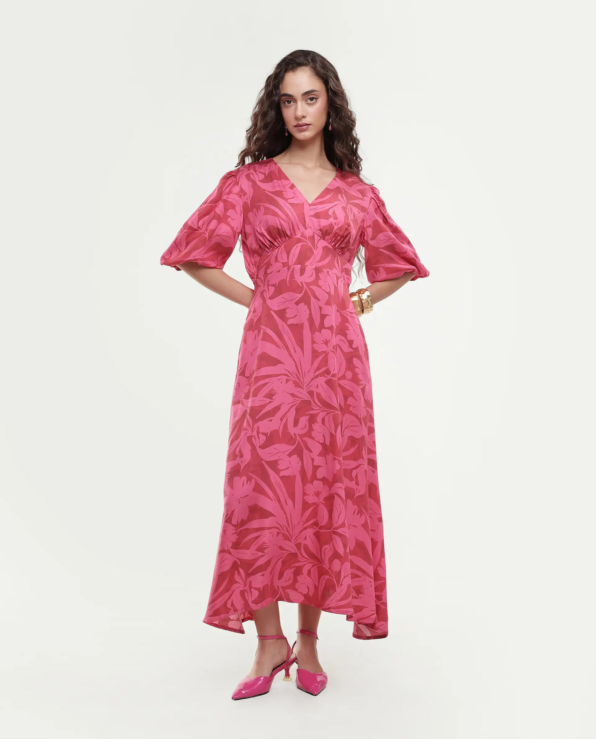 Rareism Women's Somkin Pink Modal V-Neck Floral Print Balloon Sleeve Midi A-Line Dress