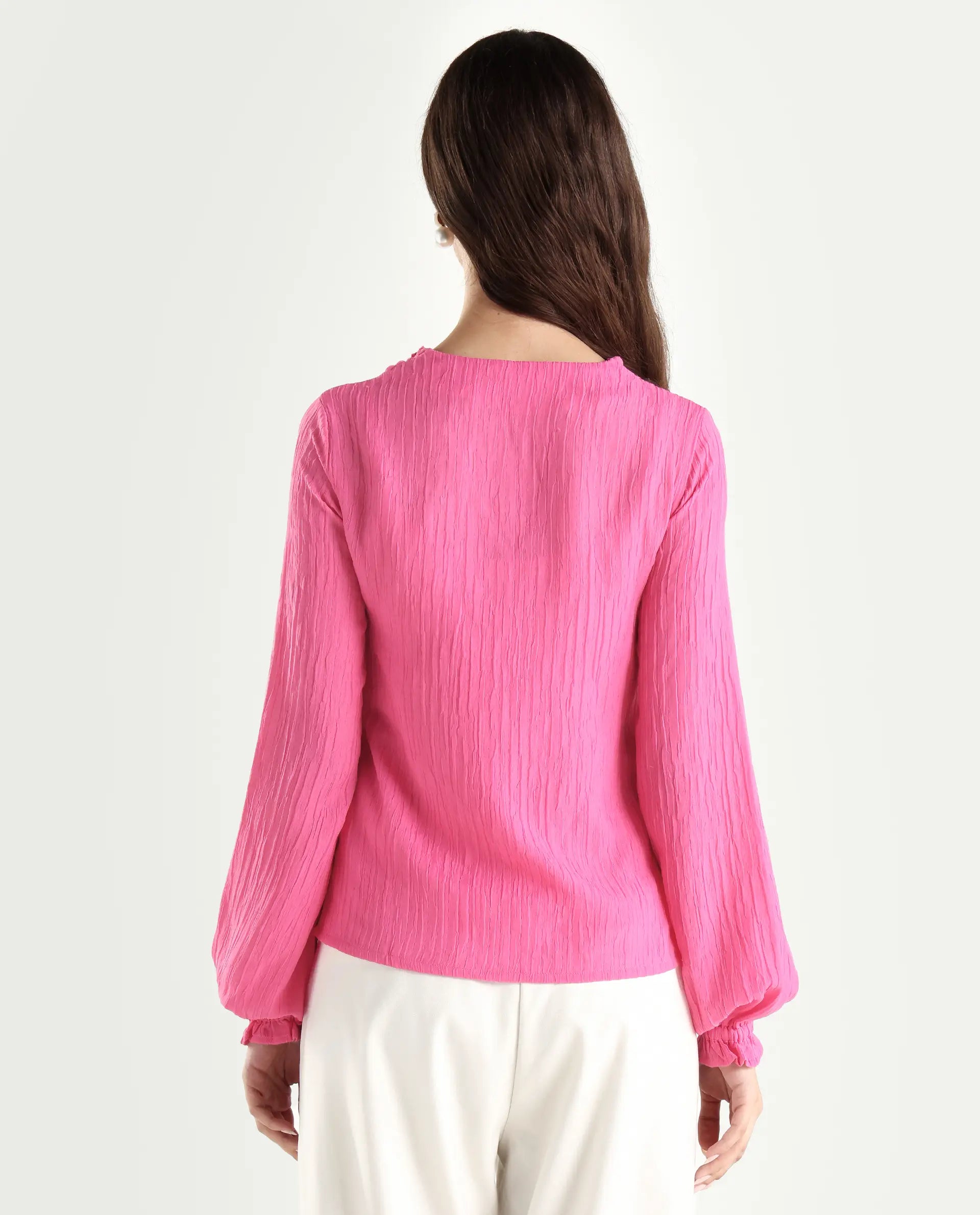 Rareism Women's Sombil Pink Polyester V-Neck Plain Bishop Sleeve Regular Fit Top