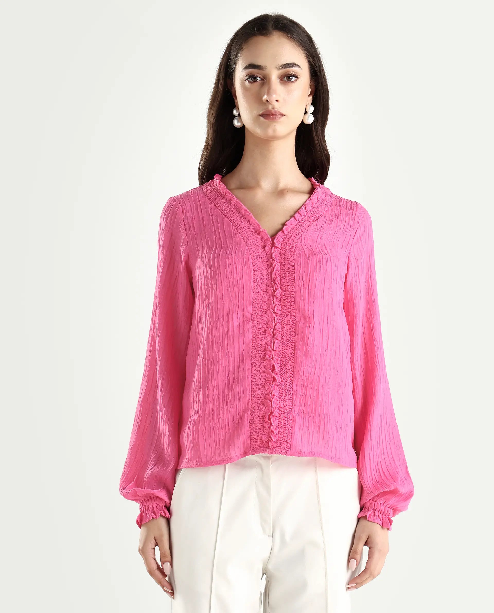 Rareism Women's Sombil Pink Polyester V-Neck Plain Bishop Sleeve Regular Fit Top