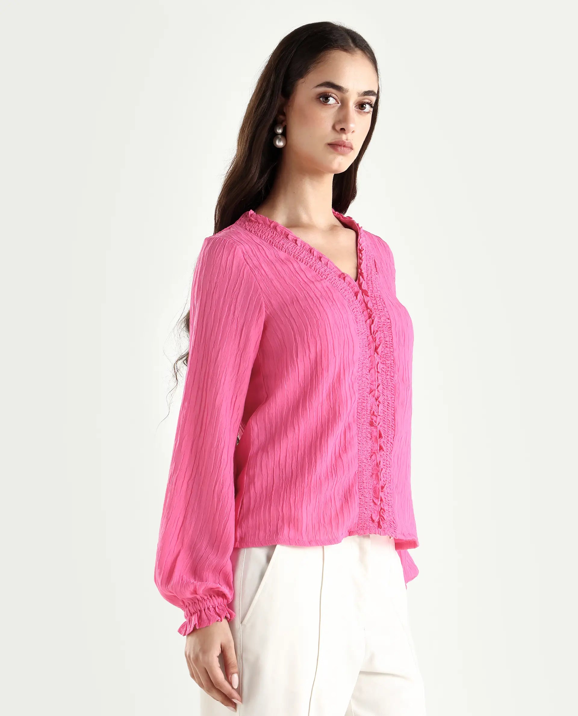 Rareism Women's Sombil Pink Polyester V-Neck Plain Bishop Sleeve Regular Fit Top