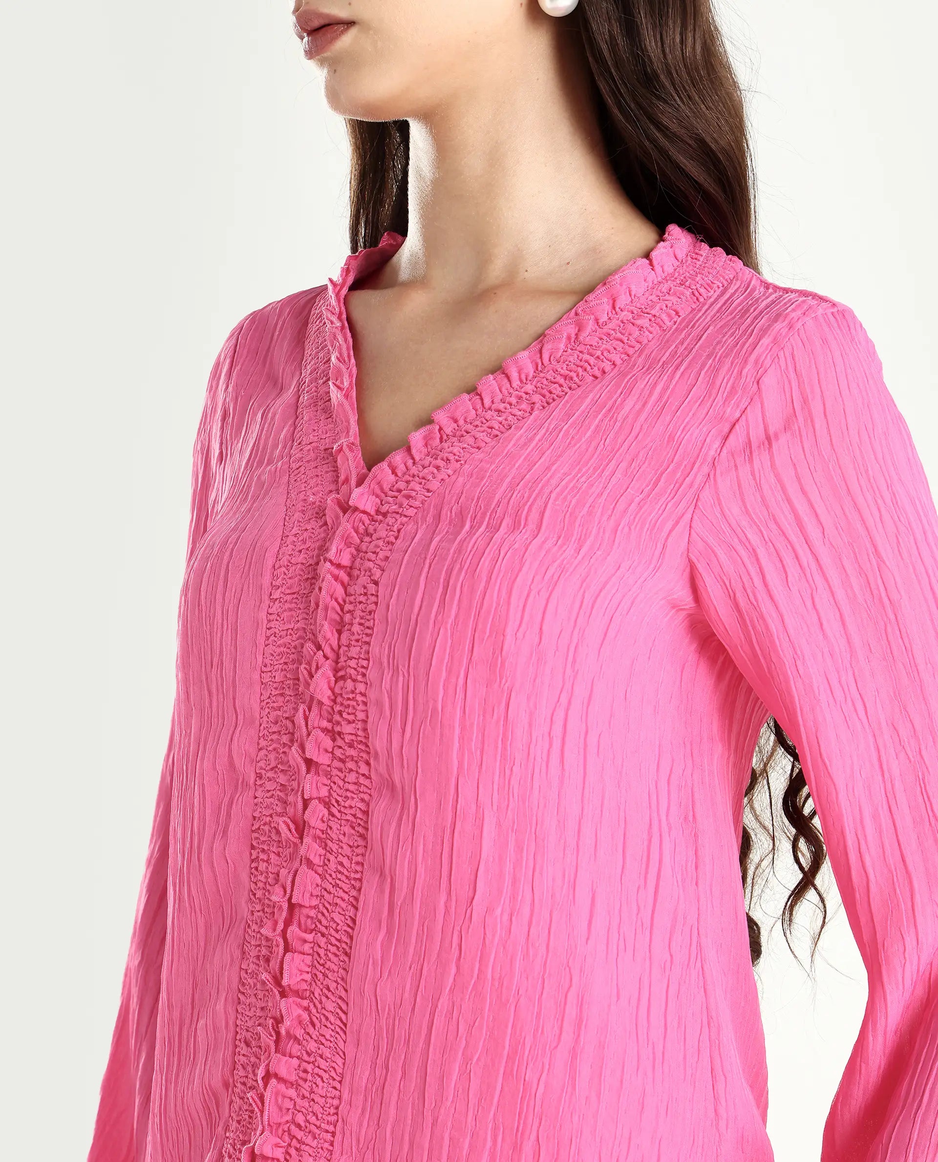 Rareism Women's Sombil Pink Polyester V-Neck Plain Bishop Sleeve Regular Fit Top