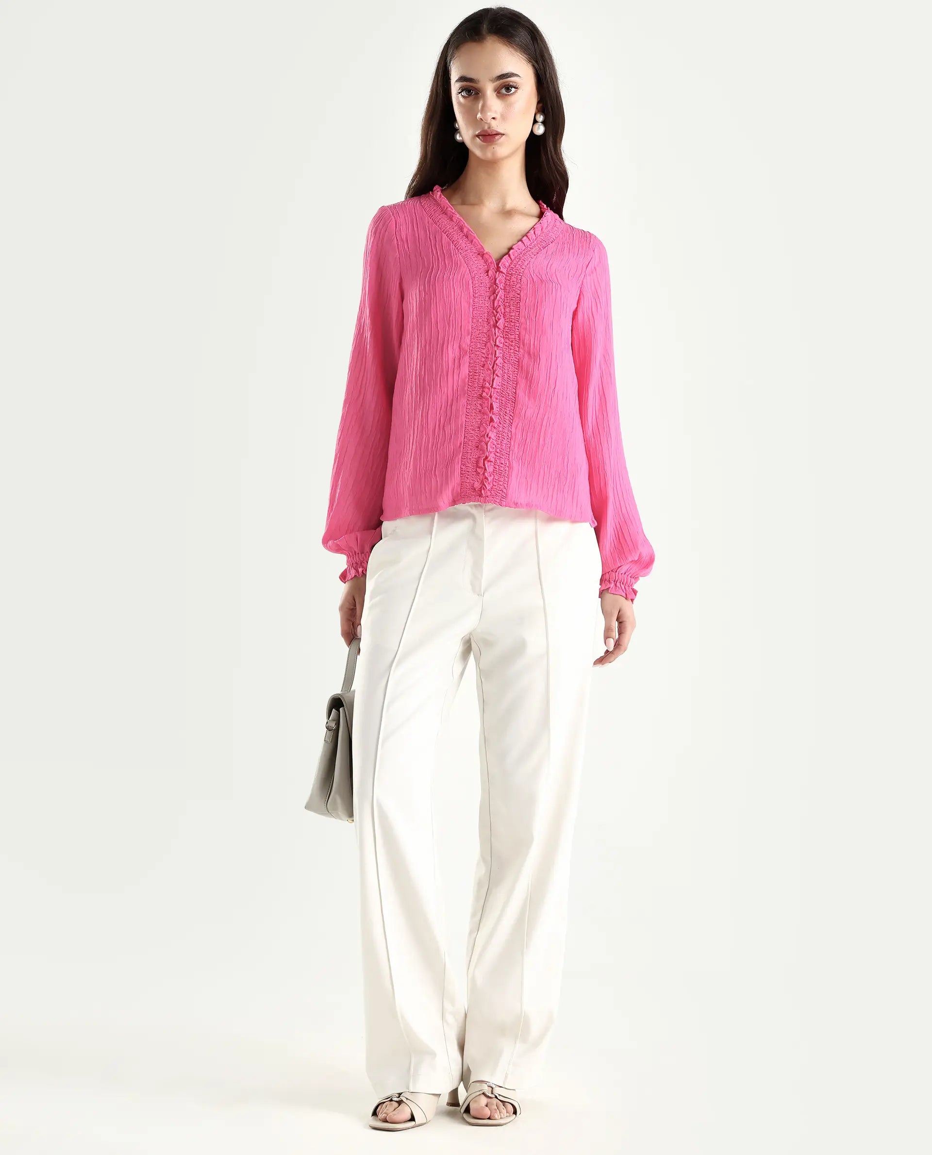 Rareism Women's Sombil Pink Polyester V-Neck Plain Bishop Sleeve Regular Fit Top