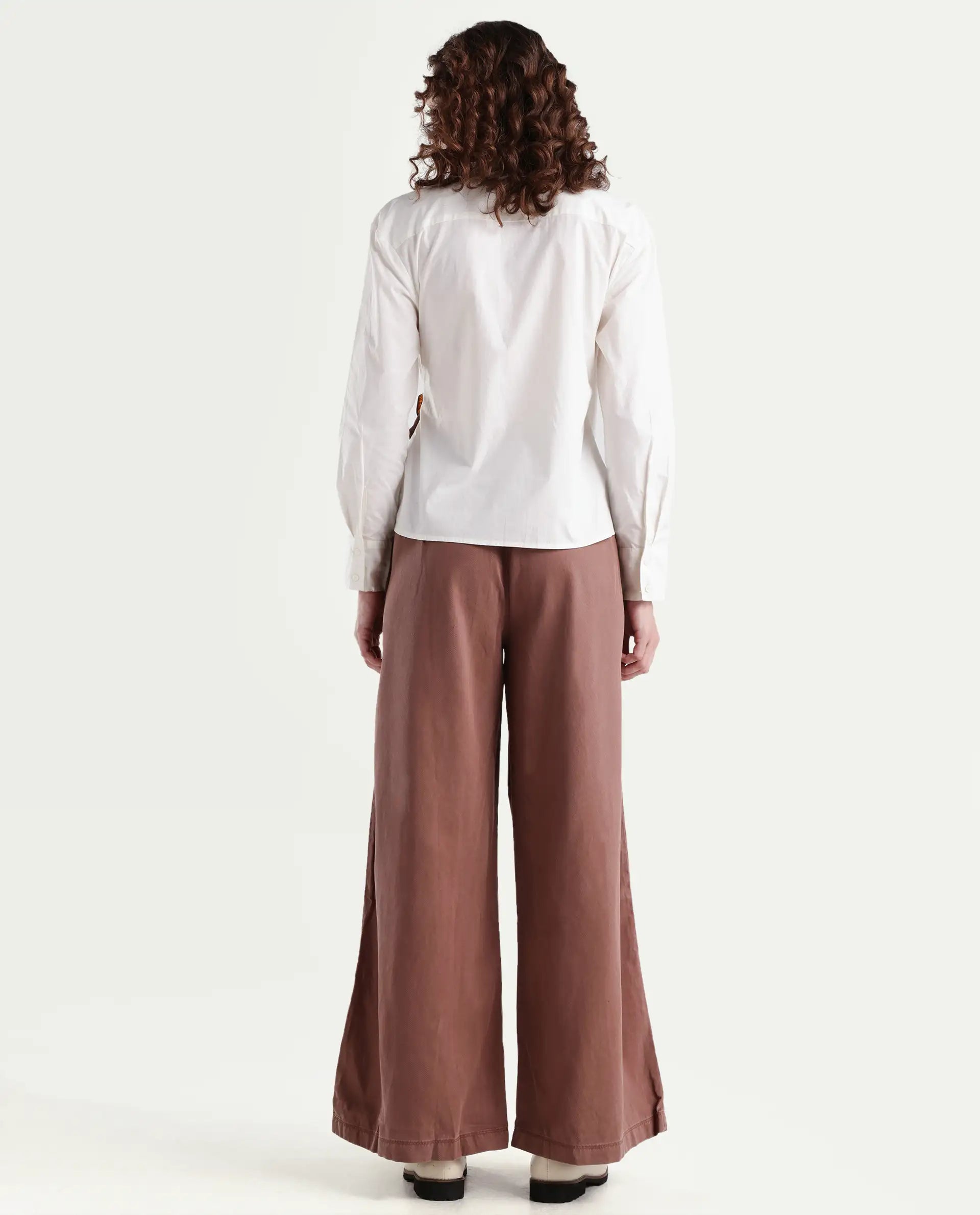 Rareism Women's Bhaleyn B Light Brown Linen Plain Ankle Length Flared Trouser