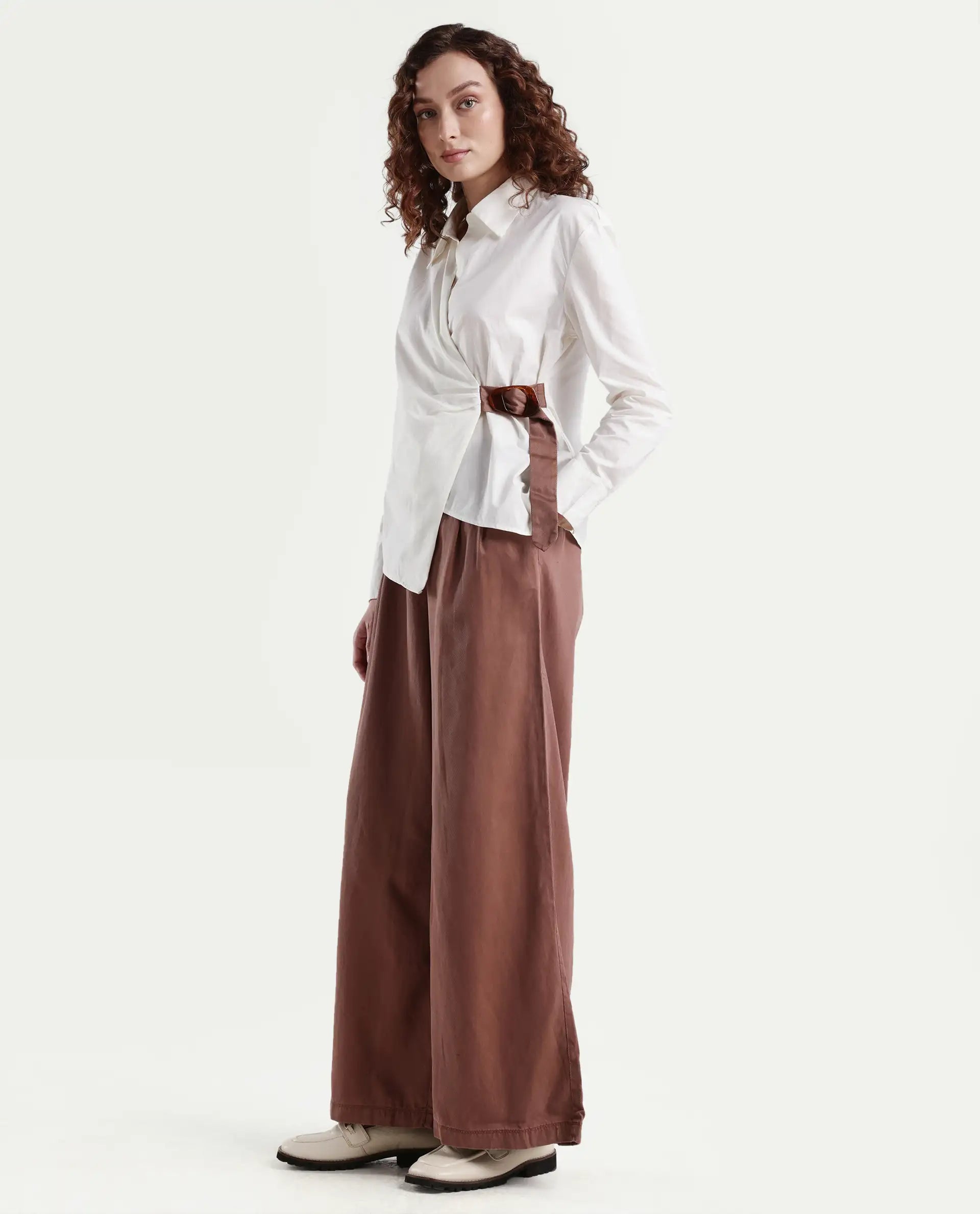 Rareism Women's Bhaleyn B Light Brown Linen Plain Ankle Length Flared Trouser