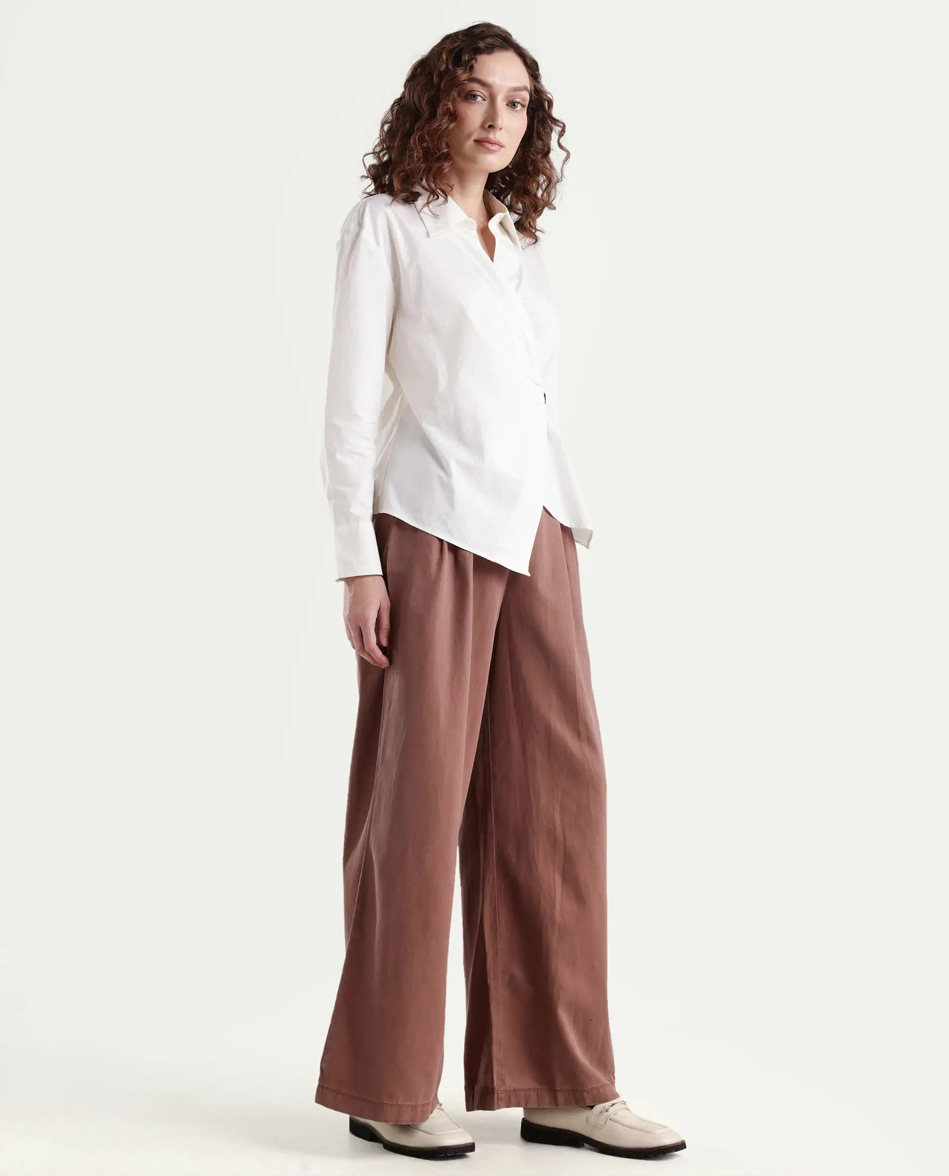 Rareism Women's Bhaleyn B Light Brown Linen Plain Ankle Length Flared Trouser