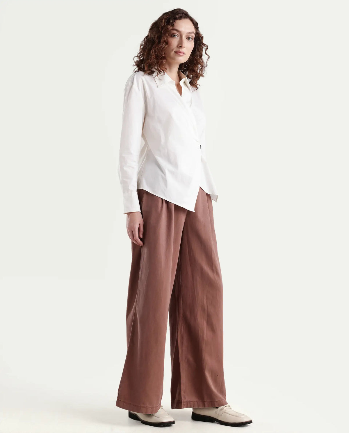 Rareism Women's Bhaleyn B Light Brown Linen Plain Ankle Length Flared Trouser