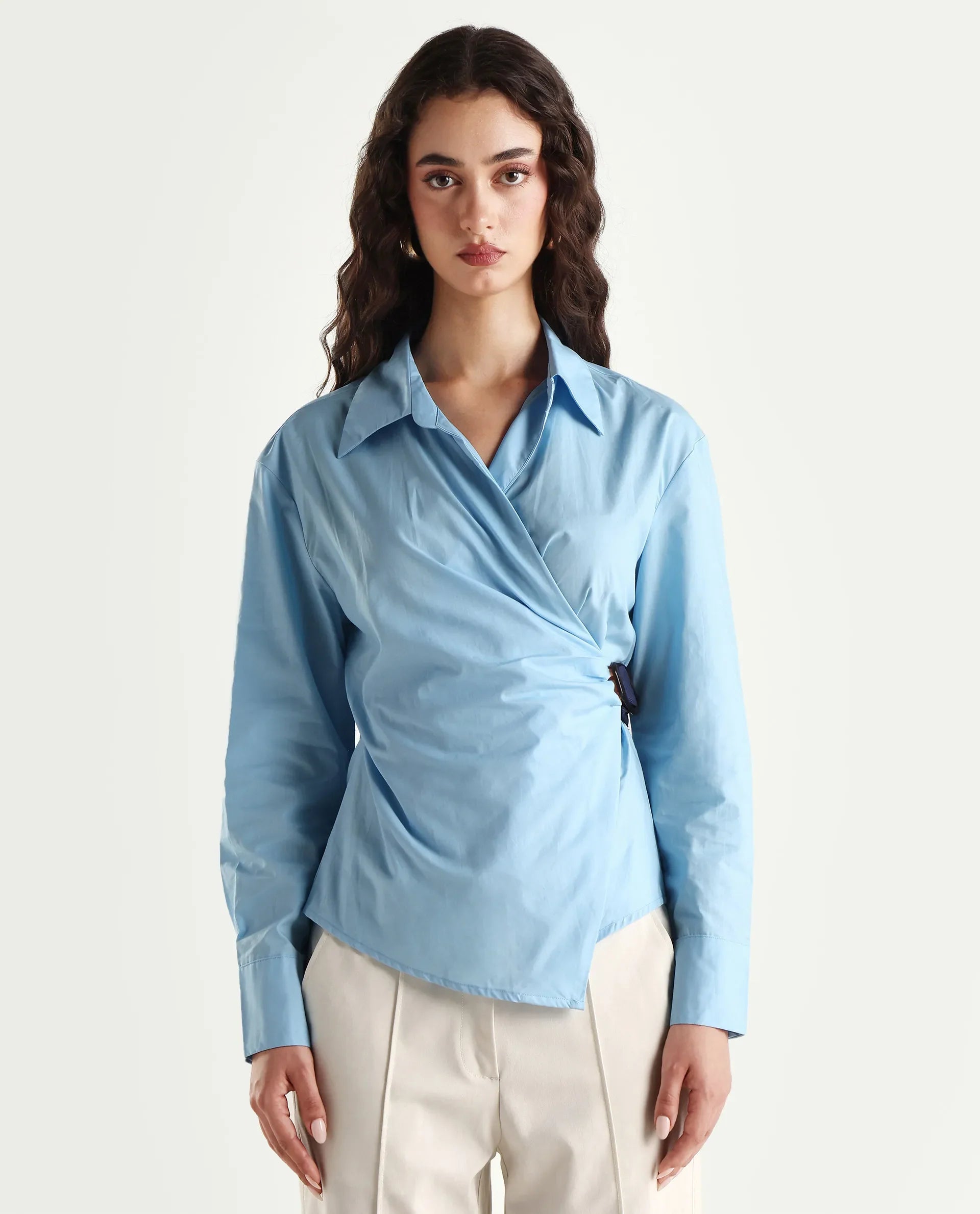 Rareism Women's Bhanella T Blue Cotton Spread Collar Plain Cuffed Sleeve Relaxed Fit Shirt