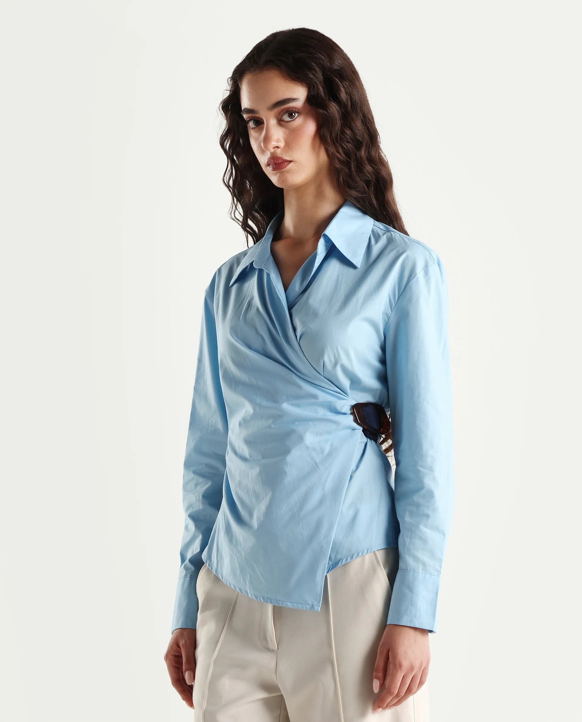 Rareism Women's Bhanella T Blue Cotton Spread Collar Plain Cuffed Sleeve Relaxed Fit Shirt