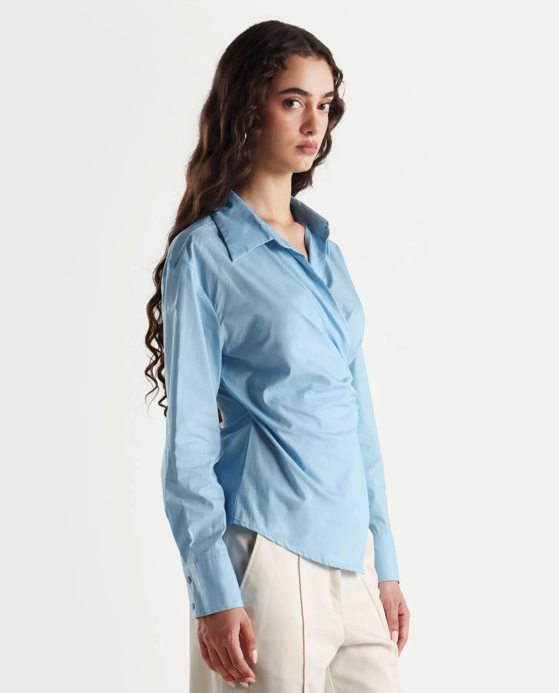 Rareism Women's Bhanella T Blue Cotton Spread Collar Plain Cuffed Sleeve Relaxed Fit Shirt