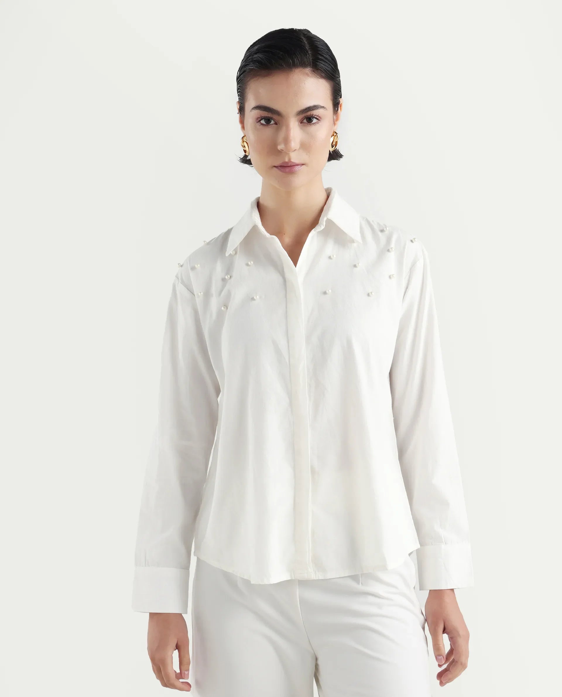 Rareism Women's Bhanik White Linen Spread Collar Plain Cuffed Sleeve Regular Fit Shirt