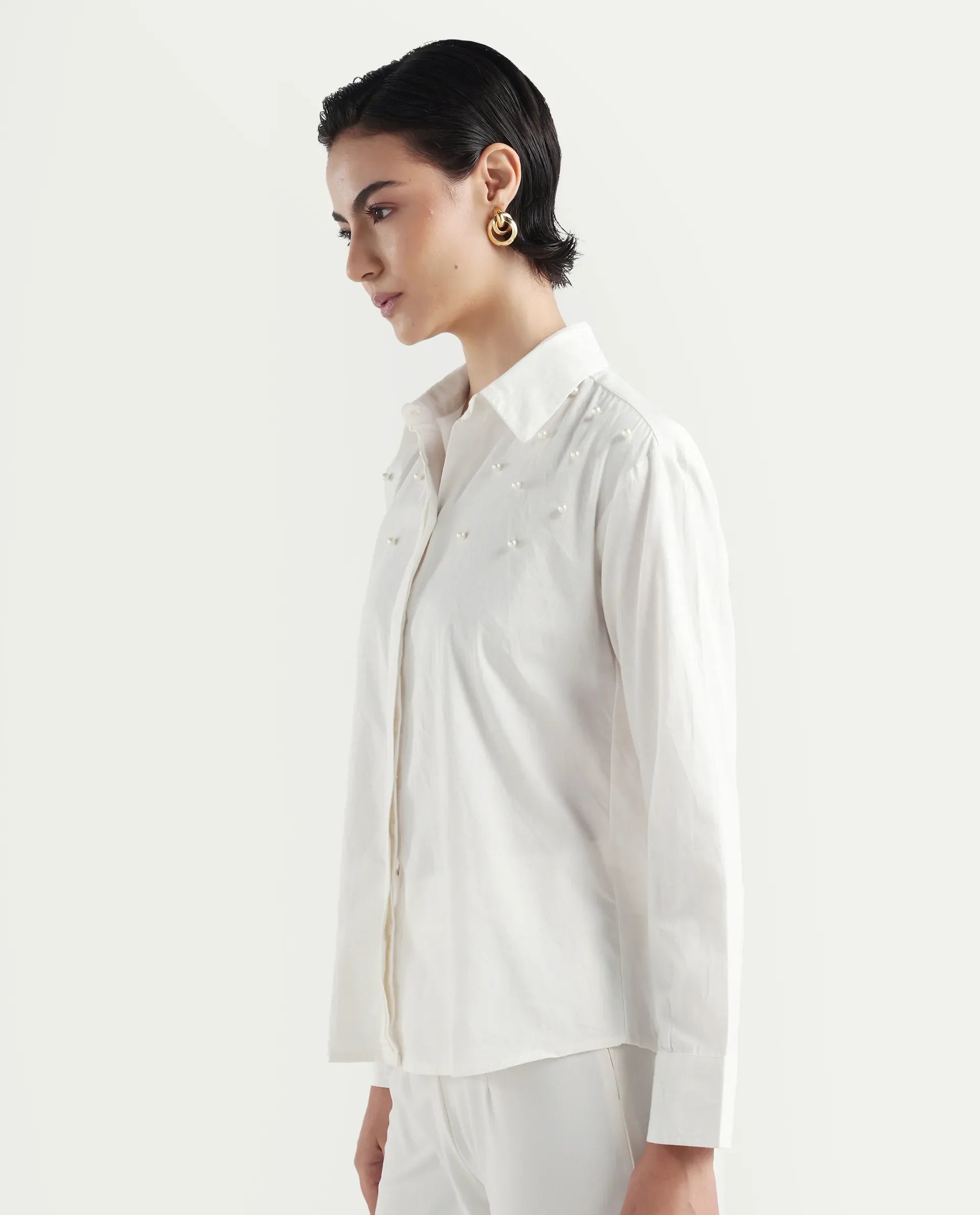 Rareism Women's Bhanik White Linen Spread Collar Plain Cuffed Sleeve Regular Fit Shirt