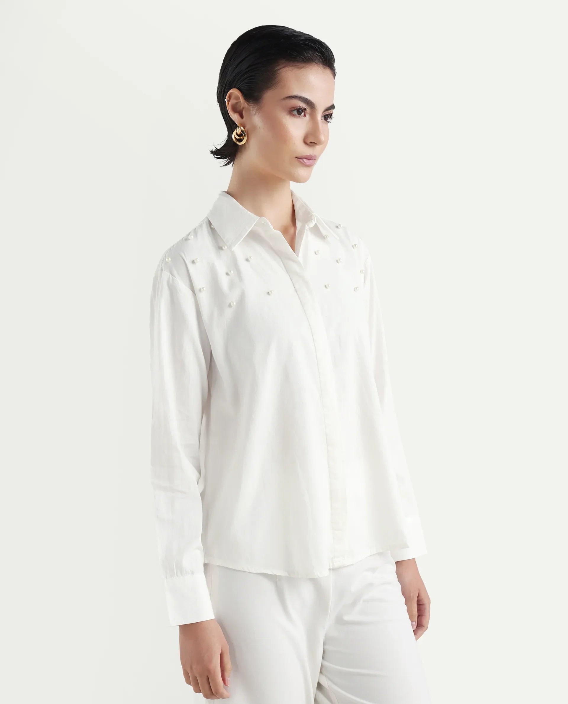 Rareism Women's Bhanik White Linen Spread Collar Plain Cuffed Sleeve Regular Fit Shirt